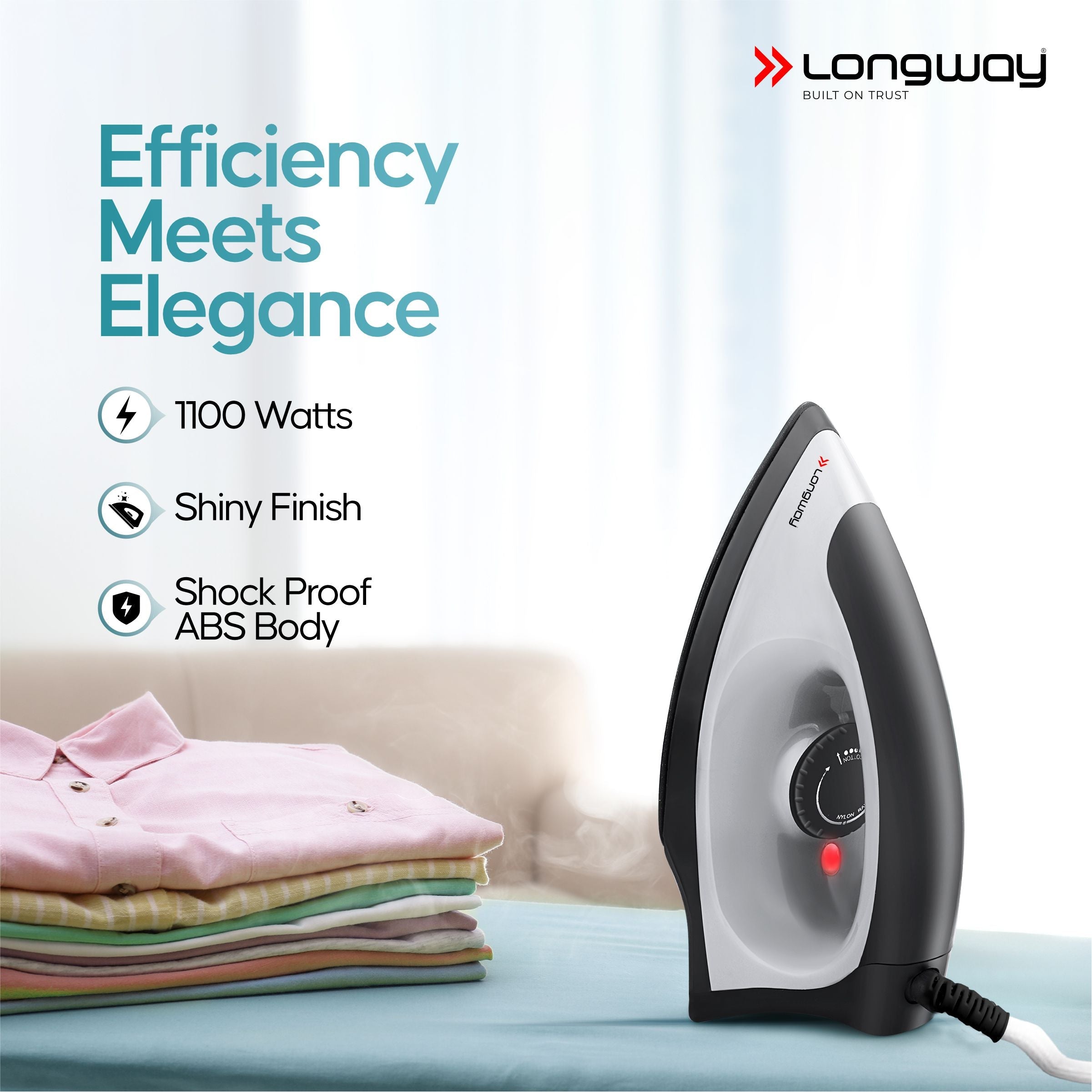 Longway Kwid Light Weight Non-Stick Teflon Coated Dry Iron, Electric Iron for Clothes | 1 Year Warranty | (1100 Watt, Black)