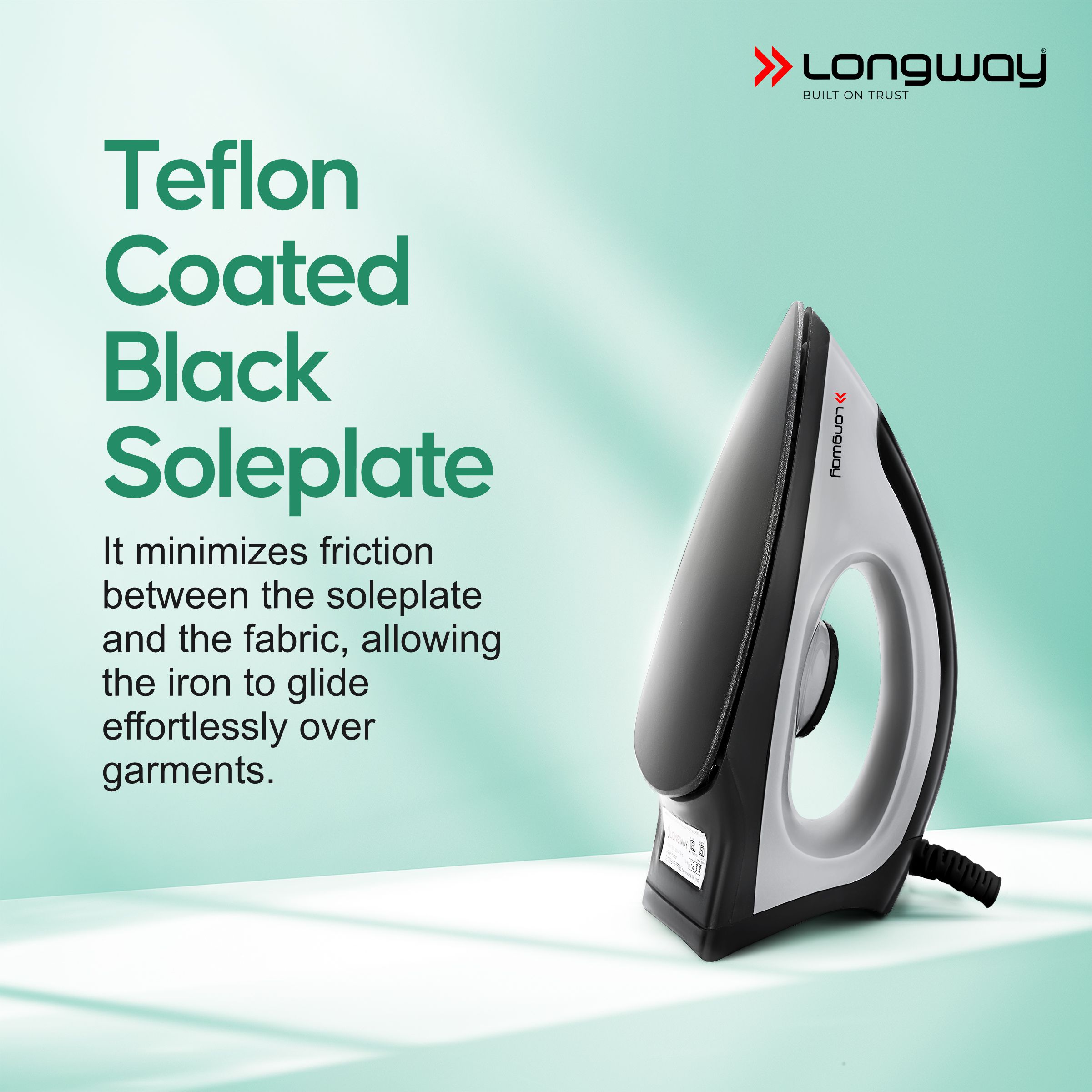 Longway Kwid Light Weight Non-Stick Teflon Coated Dry Iron, Electric Iron for Clothes | 1 Year Warranty | (1100 Watt, Black)