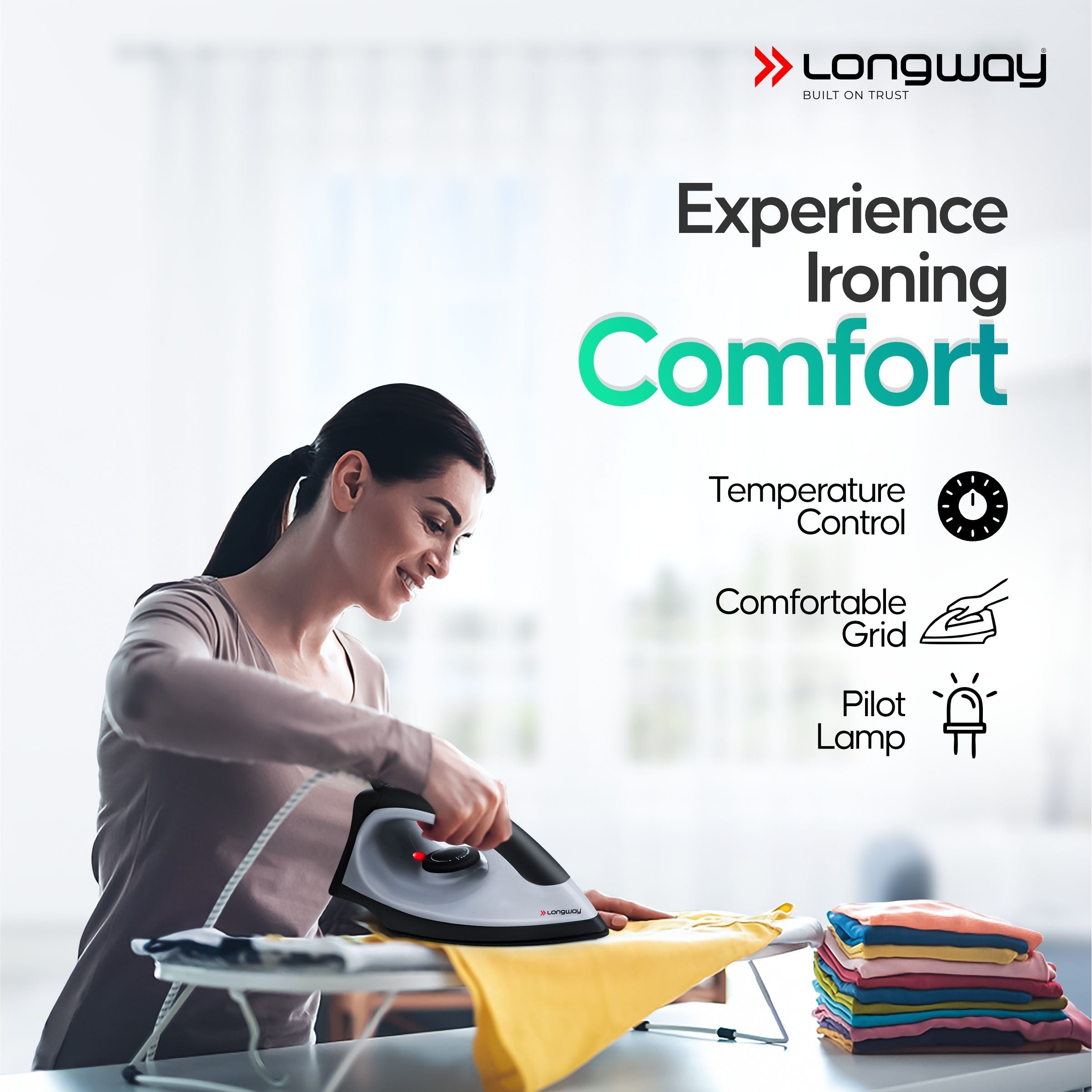 Longway Kwid Light Weight Non-Stick Teflon Coated Dry Iron, Electric Iron for Clothes | 1 Year Warranty | (1100 Watt, Black)