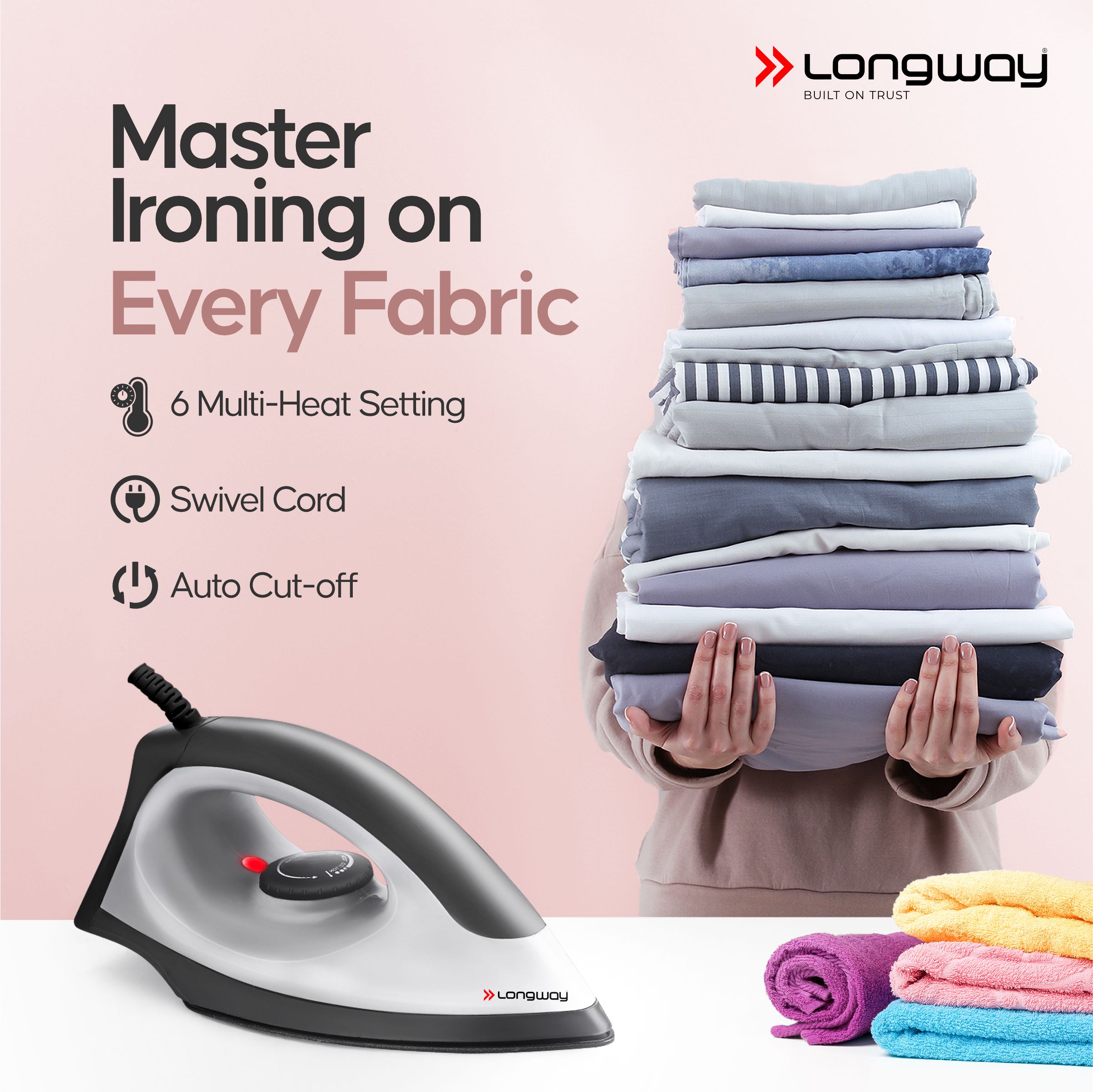 Longway Kwid Light Weight Non-Stick Teflon Coated Dry Iron, Electric Iron for Clothes | 1 Year Warranty | (1100 Watt, Black)