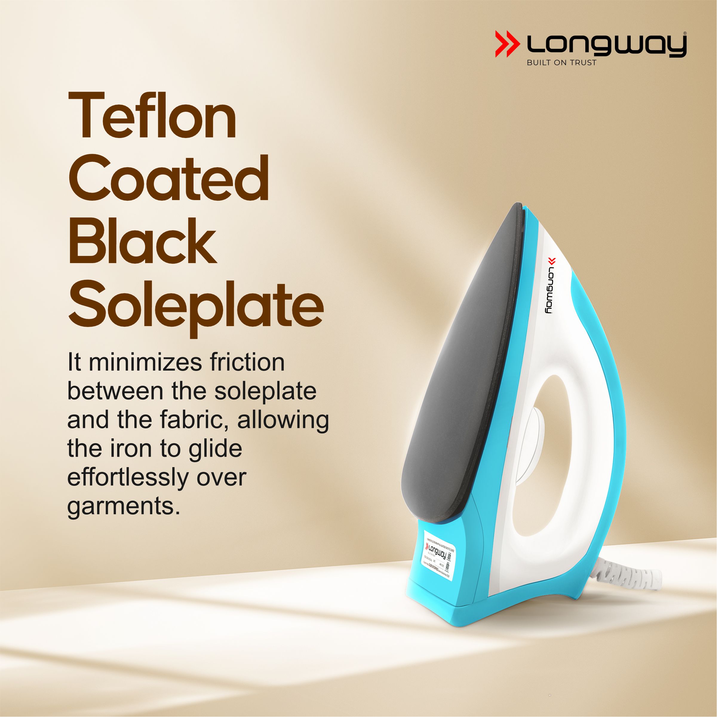Longway Kwid Light Weight Non-Stick Teflon Coated Dry Iron, Electric Iron for Clothes | 1 Year Warranty | (1100 Watt, Blue)