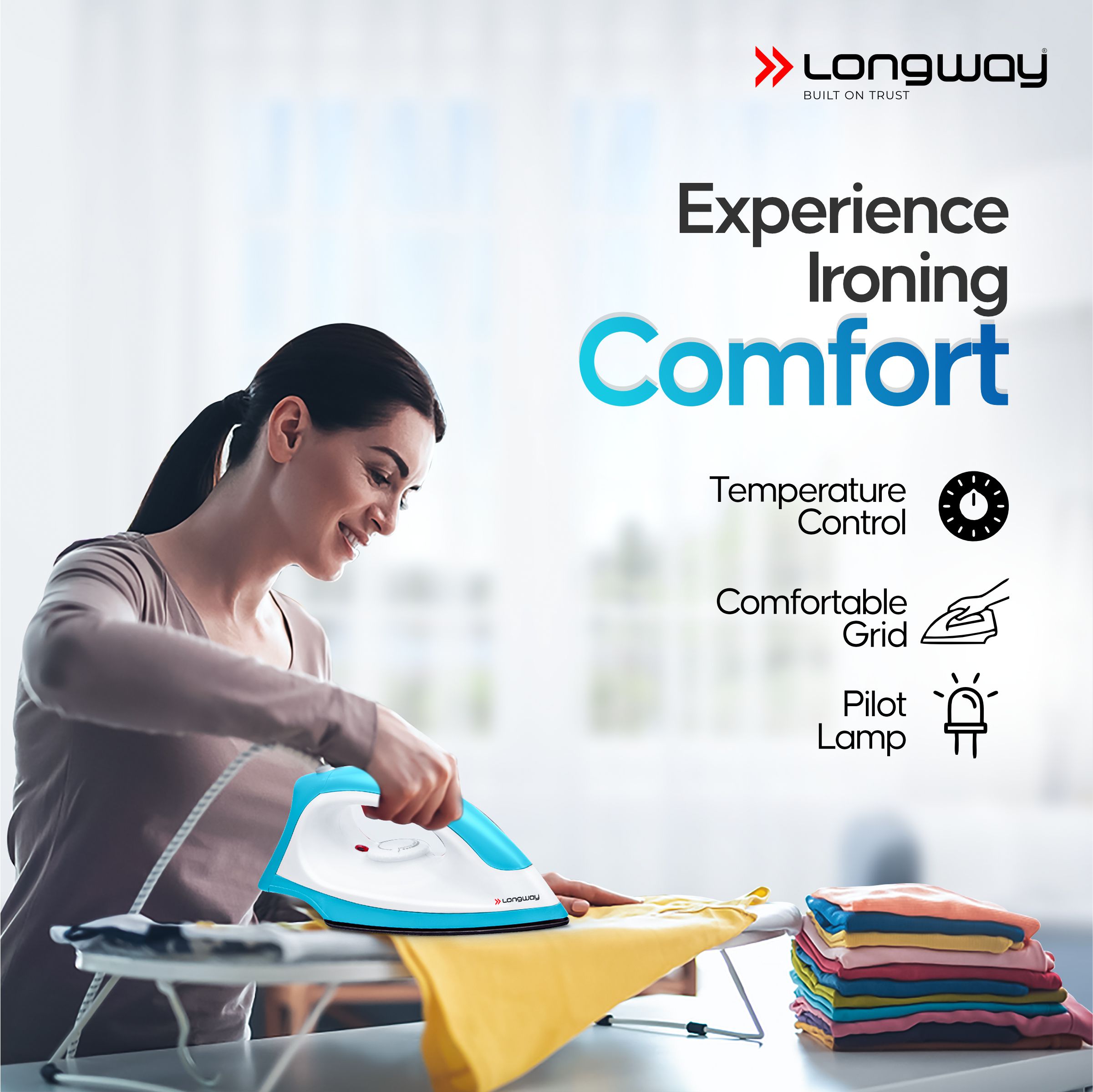 Longway Kwid Light Weight Non-Stick Teflon Coated Dry Iron, Electric Iron for Clothes | 1 Year Warranty | (1100 Watt, Blue)