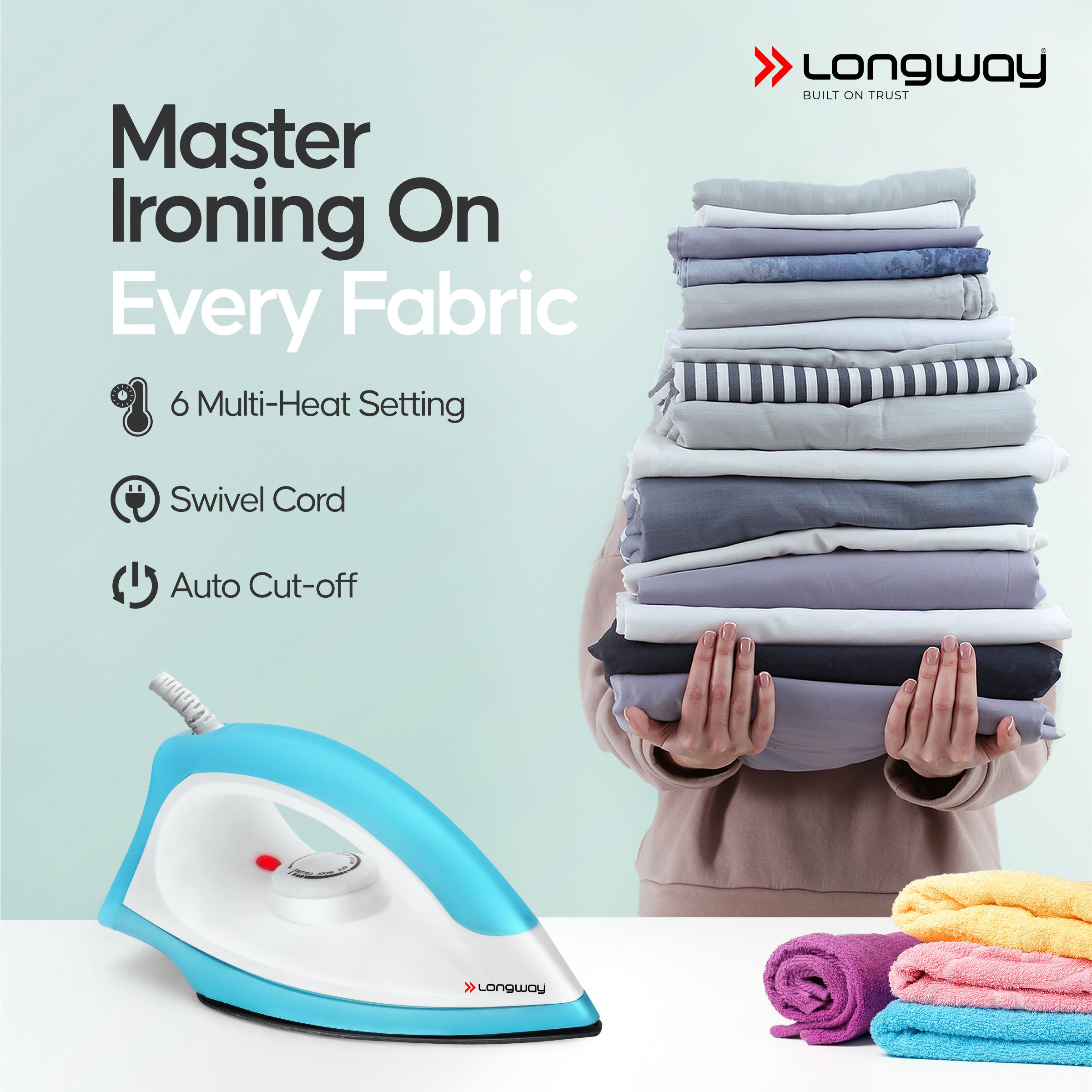 Longway Kwid Light Weight Non-Stick Teflon Coated Dry Iron, Electric Iron for Clothes | 1 Year Warranty | (1100 Watt, Blue)