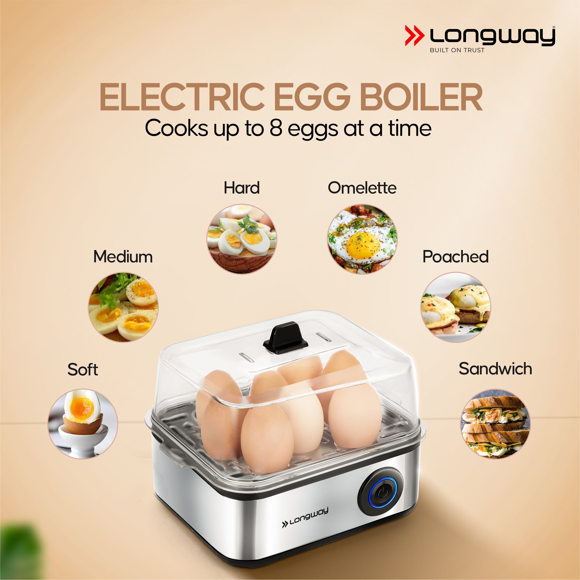 Longway LWEB04 500 Watt Stainless Steel Egg Boiler/Cooker for Steaming, Cooking & Boiling (Silver, 8 Eggs)