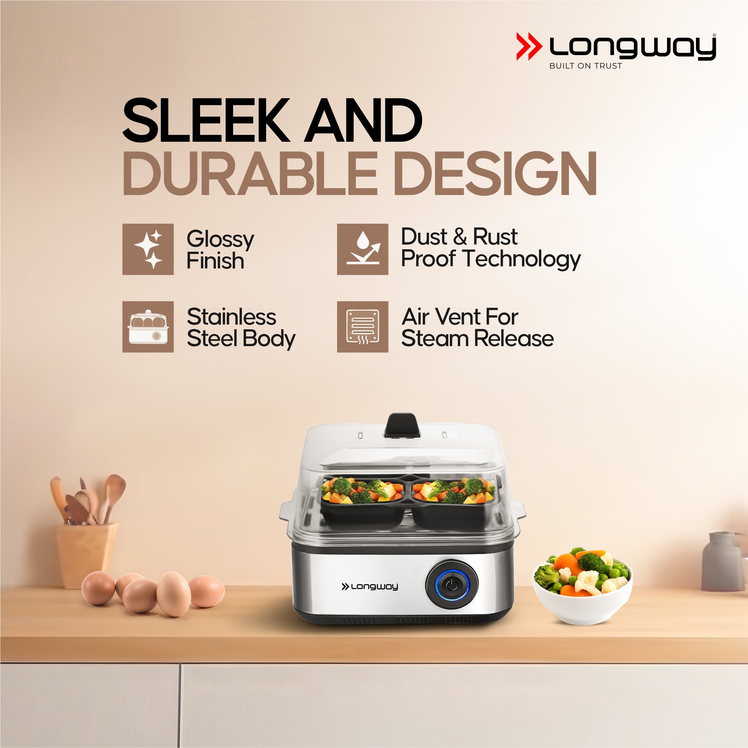 Longway LWEB04 500 Watt Stainless Steel Egg Boiler/Cooker for Steaming, Cooking & Boiling (Silver, 8 Eggs)