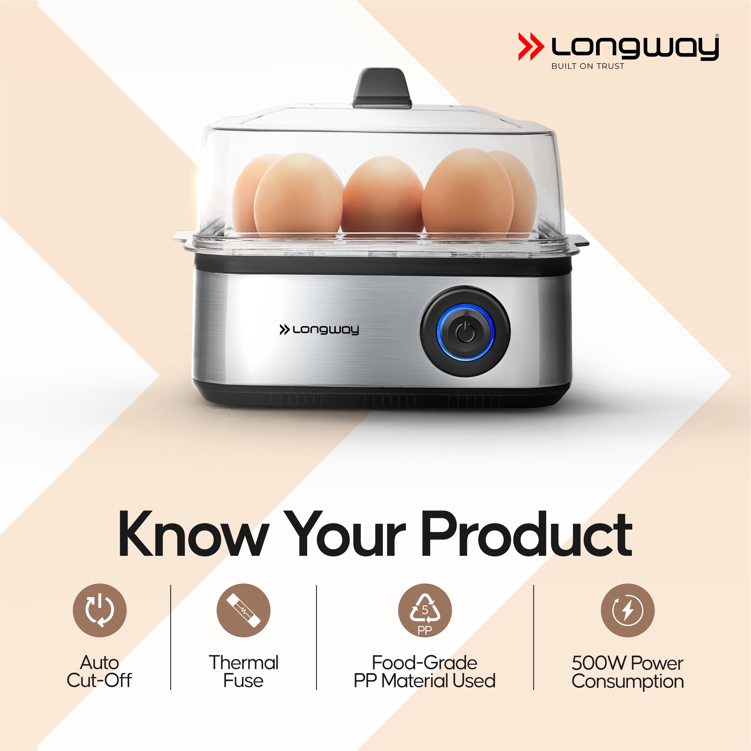 Longway LWEB04 500 Watt Stainless Steel Egg Boiler/Cooker for Steaming, Cooking & Boiling (Silver, 8 Eggs)