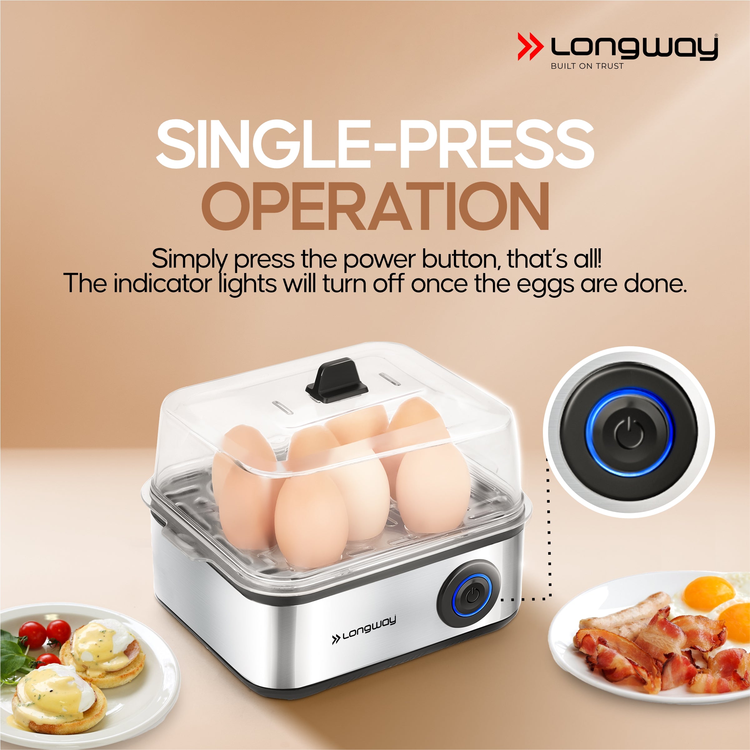 Longway LWEB04 500 Watt Stainless Steel Egg Boiler/Cooker for Steaming, Cooking & Boiling (Silver, 8 Eggs)