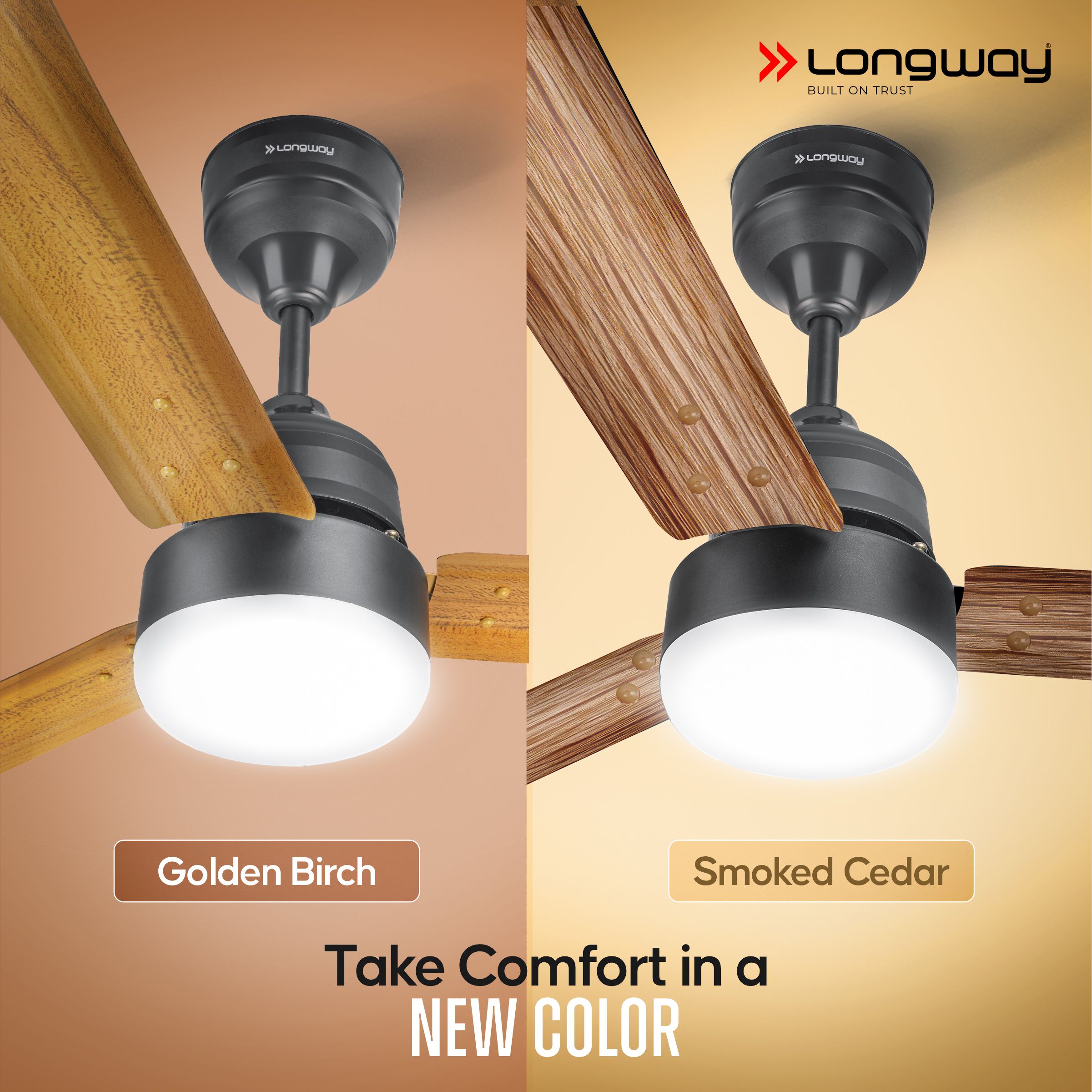 Longway Luminair Max 1200 mm BLDC Ceiling Fan with Remote Control & LED Light | BEE 5 Star Rated Energy Efficient | Ultra High Speed 3 Blade Anti-Dust Decorative Ceiling Fan | 5 Years Warranty (Golden Birch, Pack of 2)