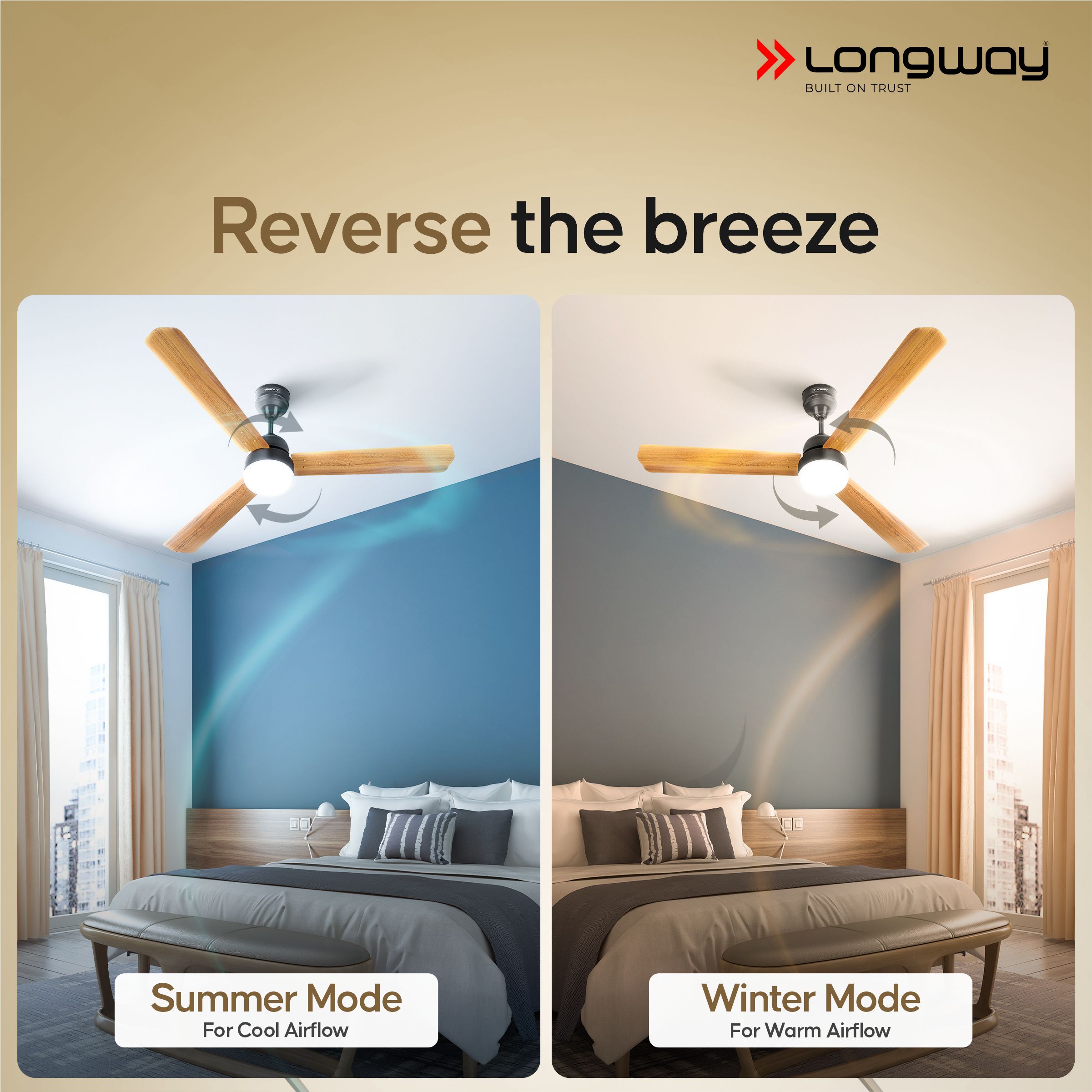 Longway Luminair Max 1200 mm BLDC Ceiling Fan with Remote Control & LED Light | BEE 5 Star Rated Energy Efficient | Ultra High Speed 3 Blade Anti-Dust Decorative Ceiling Fan | 5 Years Warranty (Golden Birch, Pack of 1)