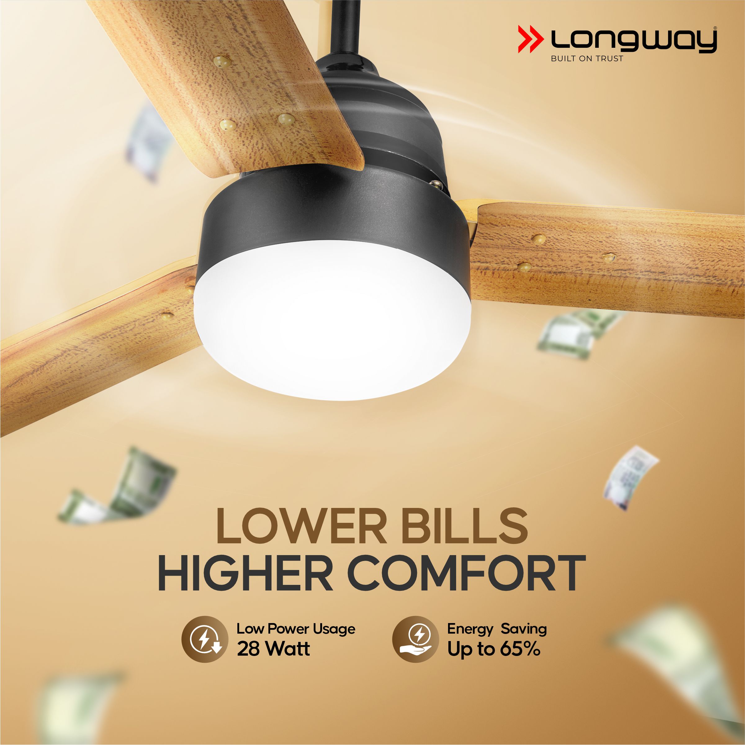 Longway Luminair Max 1200 mm BLDC Ceiling Fan with Remote Control & LED Light | BEE 5 Star Rated Energy Efficient | Ultra High Speed 3 Blade Anti-Dust Decorative Ceiling Fan | 5 Years Warranty (Golden Birch, Pack of 1)