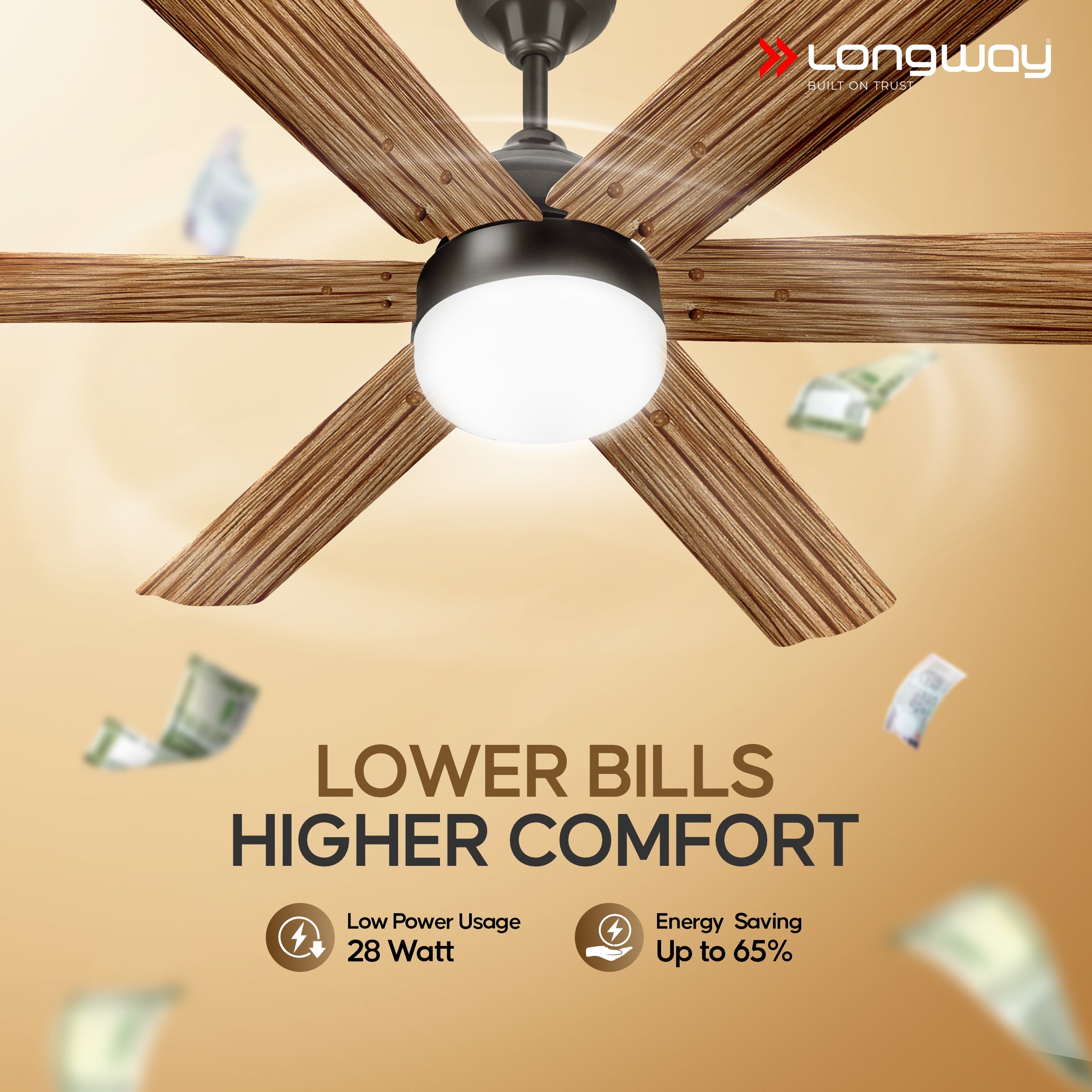 Longway Luminair Max 1200 mm BLDC Ceiling Fan with Remote Control & LED Light | BEE 5 Star Rated Energy Efficient | Ultra High Speed 6 Blade Anti-Dust Decorative Ceiling Fan | 5 Years Warranty (Smoked Cedar, Pack of 1)