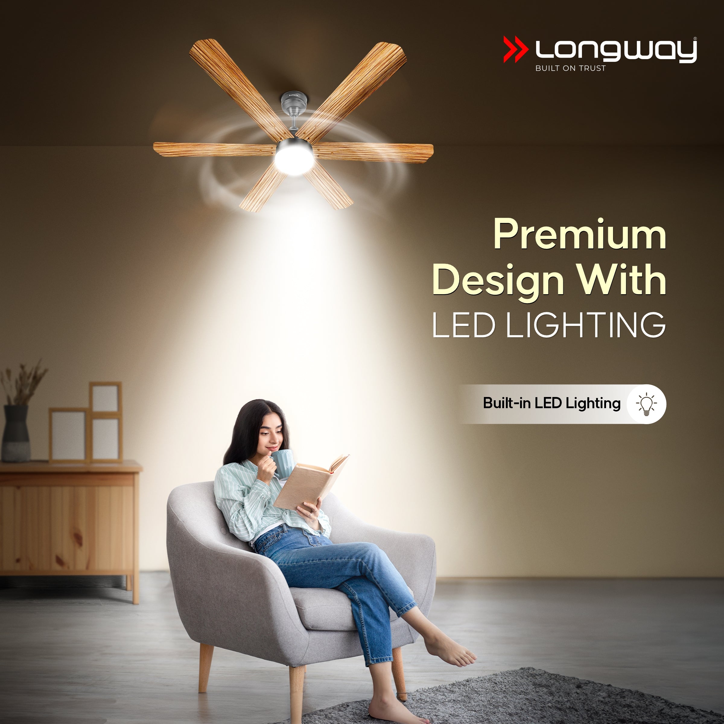 Longway Luminair Max 1200 mm BLDC Ceiling Fan with Remote Control & LED Light | BEE 5 Star Rated Energy Efficient | Ultra High Speed 6 Blade Anti-Dust Decorative Ceiling Fan | 5 Years Warranty (Smoked Cedar, Pack of 1)
