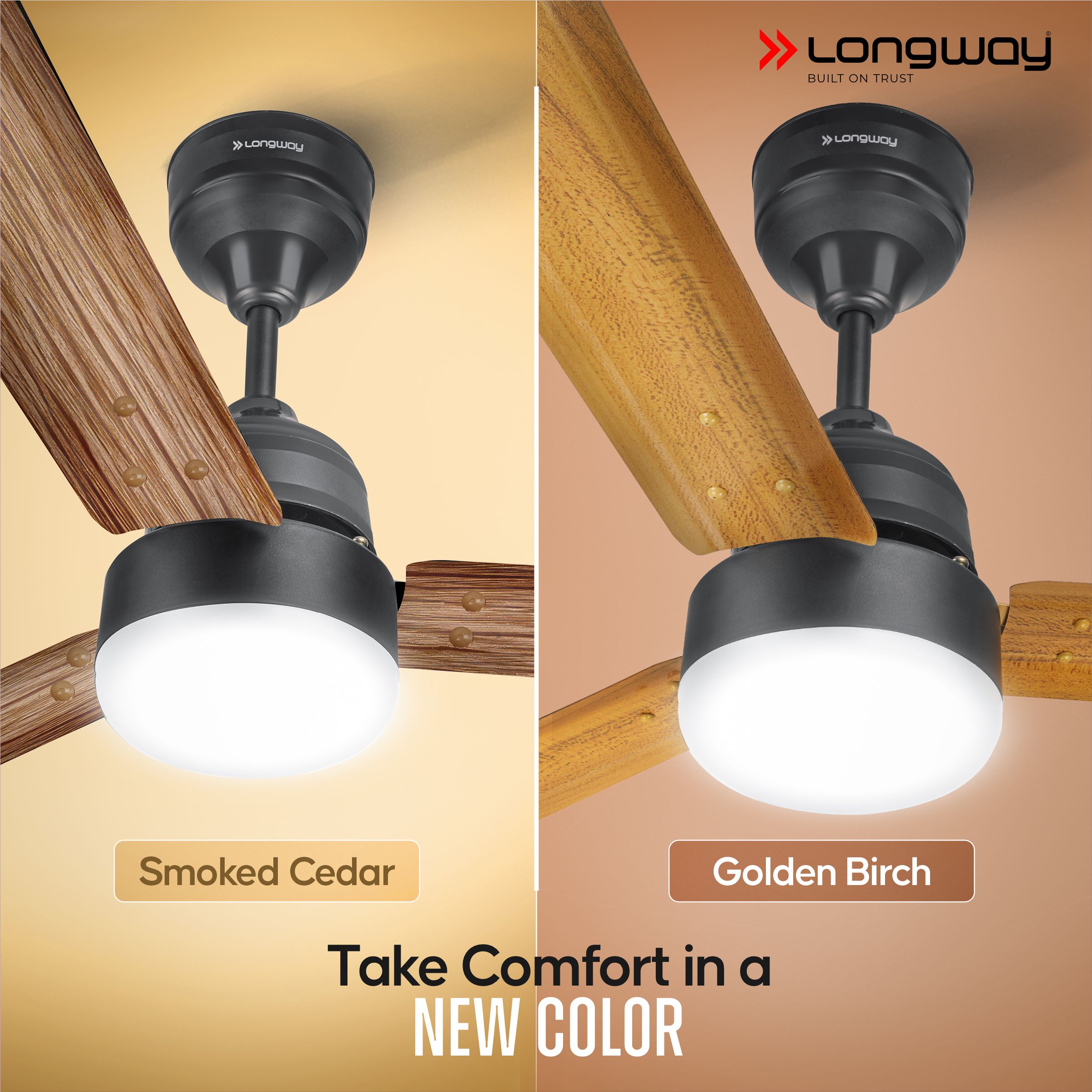 Longway Luminair Max 1200 mm BLDC Ceiling Fan with Remote Control & LED Light | BEE 5 Star Rated Energy Efficient | Ultra High Speed 3 Blade Anti-Dust Decorative Ceiling Fan | 5 Years Warranty (Smoked Cedar, Pack of 2)