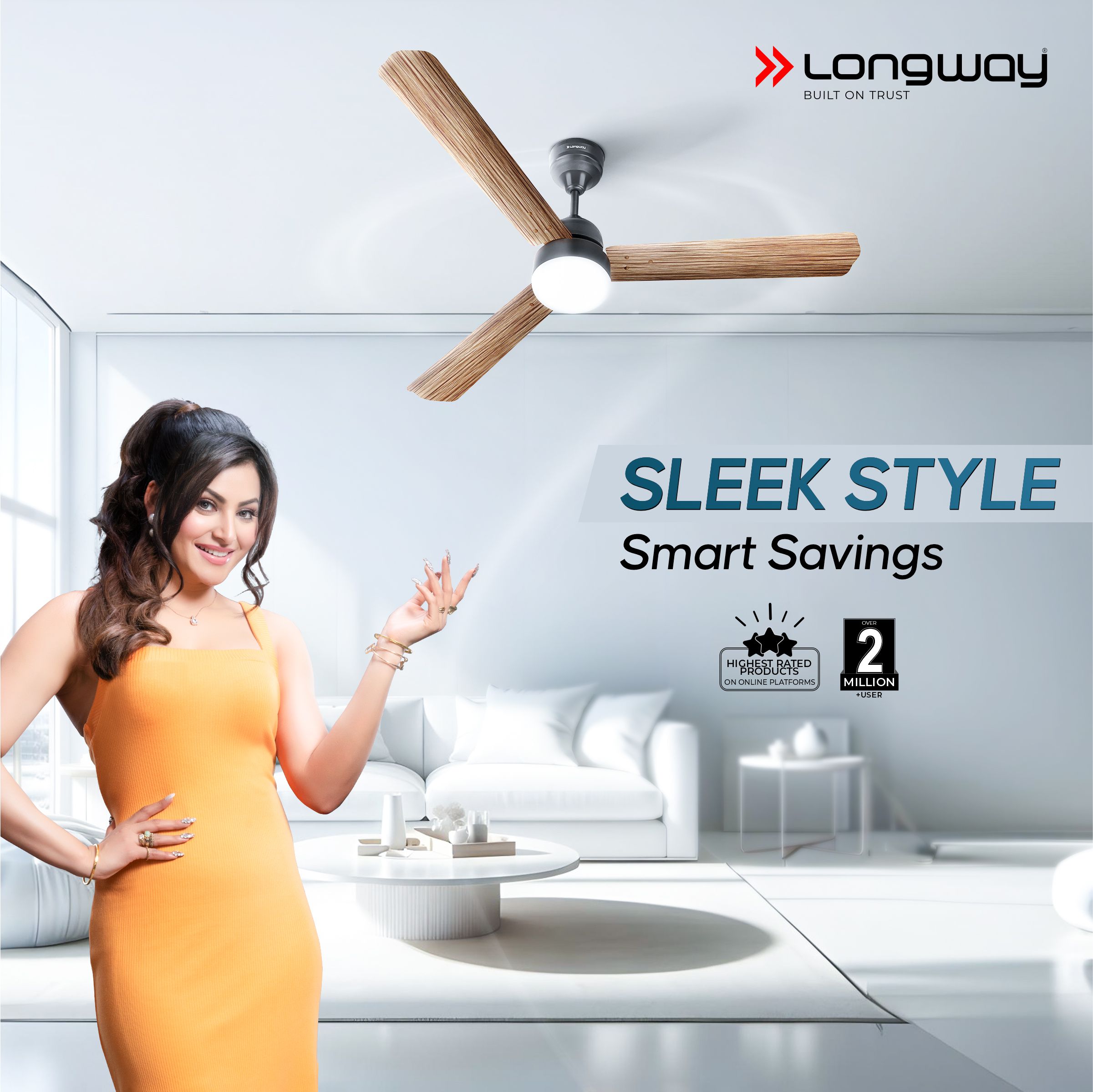 Longway Luminair Max 1200 mm BLDC Ceiling Fan with Remote Control & LED Light | BEE 5 Star Rated Energy Efficient | Ultra High Speed 3 Blade Anti-Dust Decorative Ceiling Fan | 5 Years Warranty (Smoked Cedar, Pack of 1)