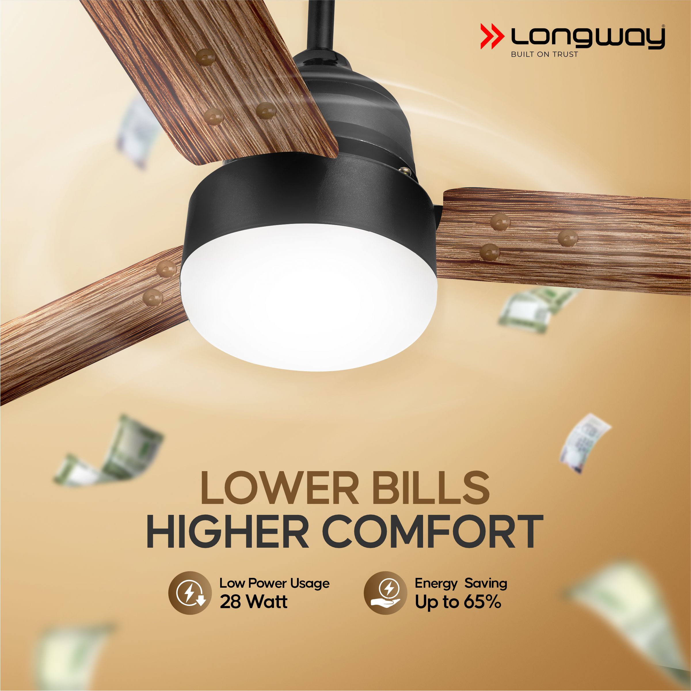 Longway Luminair Max 1200 mm BLDC Ceiling Fan with Remote Control & LED Light | BEE 5 Star Rated Energy Efficient | Ultra High Speed 3 Blade Anti-Dust Decorative Ceiling Fan | 5 Years Warranty (Smoked Cedar, Pack of 1)