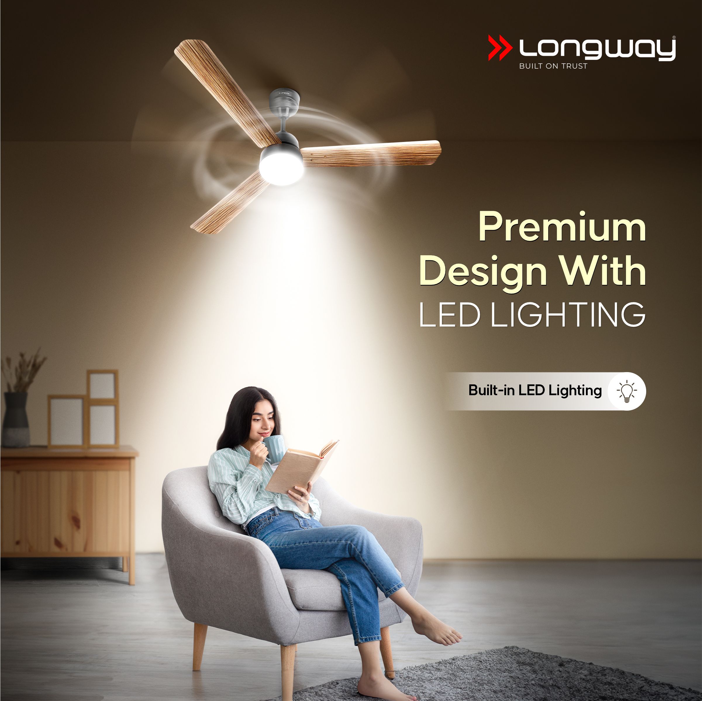Longway Luminair Max 1200 mm BLDC Ceiling Fan with Remote Control & LED Light | BEE 5 Star Rated Energy Efficient | Ultra High Speed 3 Blade Anti-Dust Decorative Ceiling Fan | 5 Years Warranty (Smoked Cedar, Pack of 1)