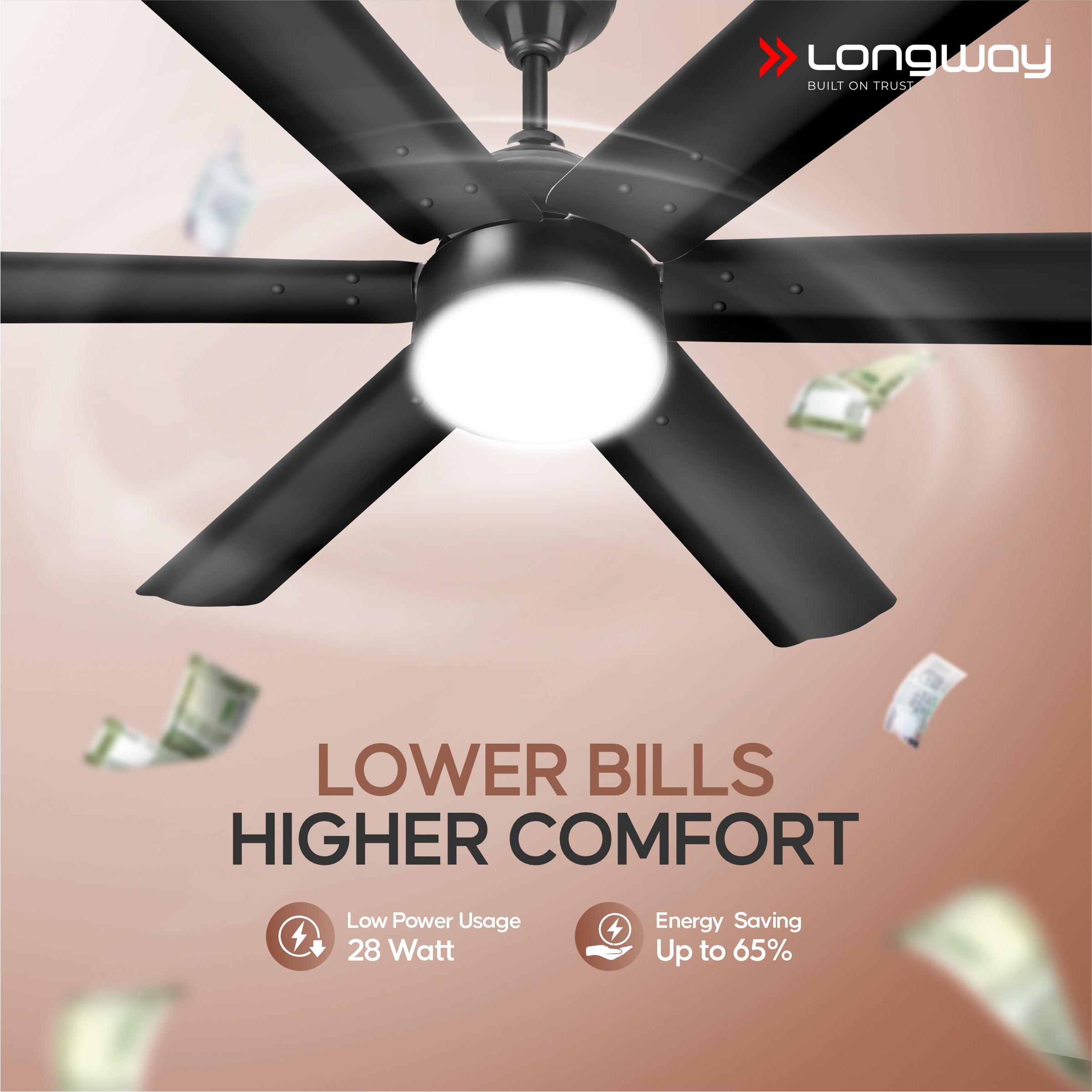 Longway Luminair 1200 mm BLDC Ceiling Fan with Remote Control & LED Light | BEE 5 Star Rated Energy Efficient | Ultra High Speed 6 Blade Anti-Dust Decorative Ceiling Fan | 5 Years Warranty (Smoked Brown, Pack of 1)