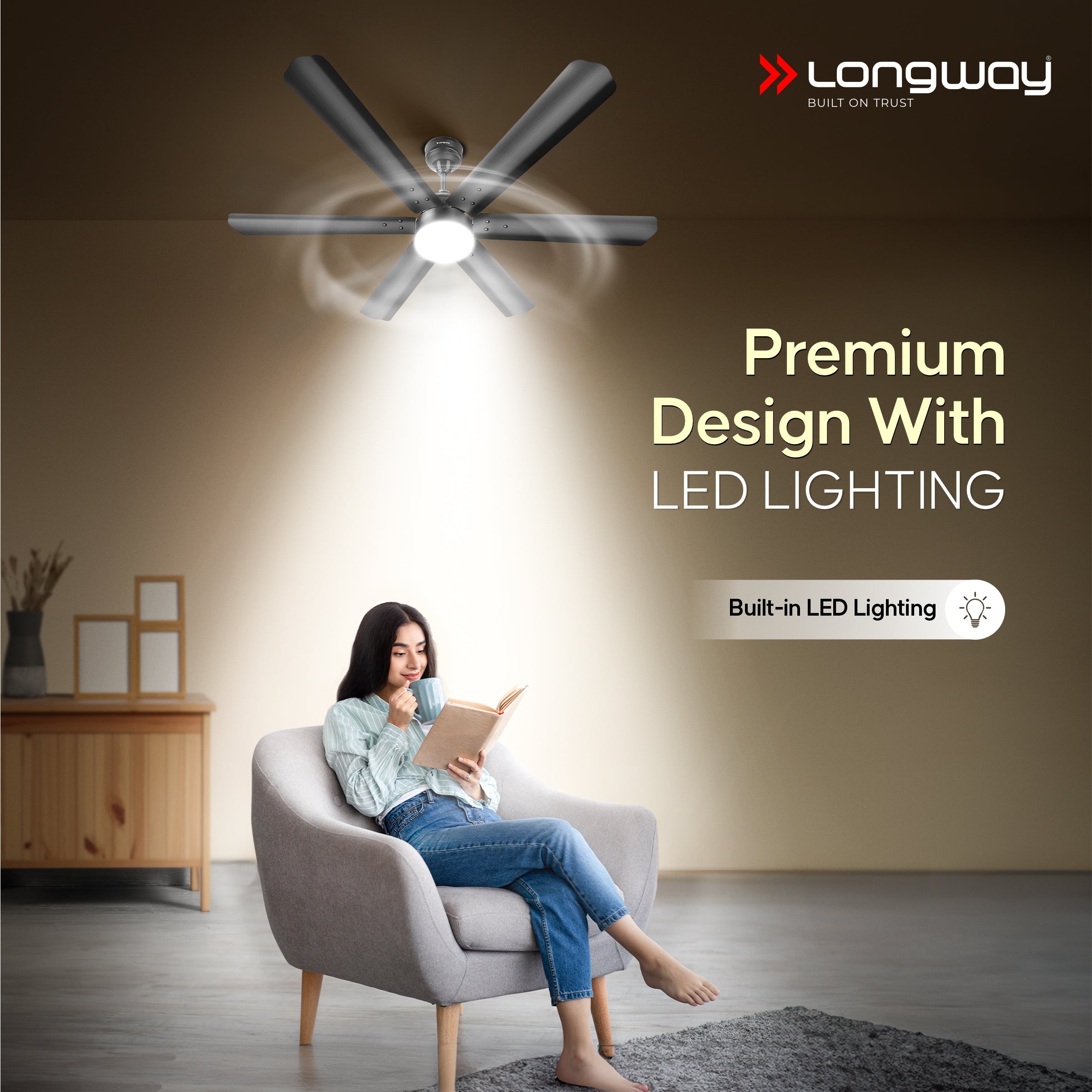Longway Luminair 1200 mm BLDC Ceiling Fan with Remote Control & LED Light | BEE 5 Star Rated Energy Efficient | Ultra High Speed 6 Blade Anti-Dust Decorative Ceiling Fan | 5 Years Warranty (Smoked Brown, Pack of 1)