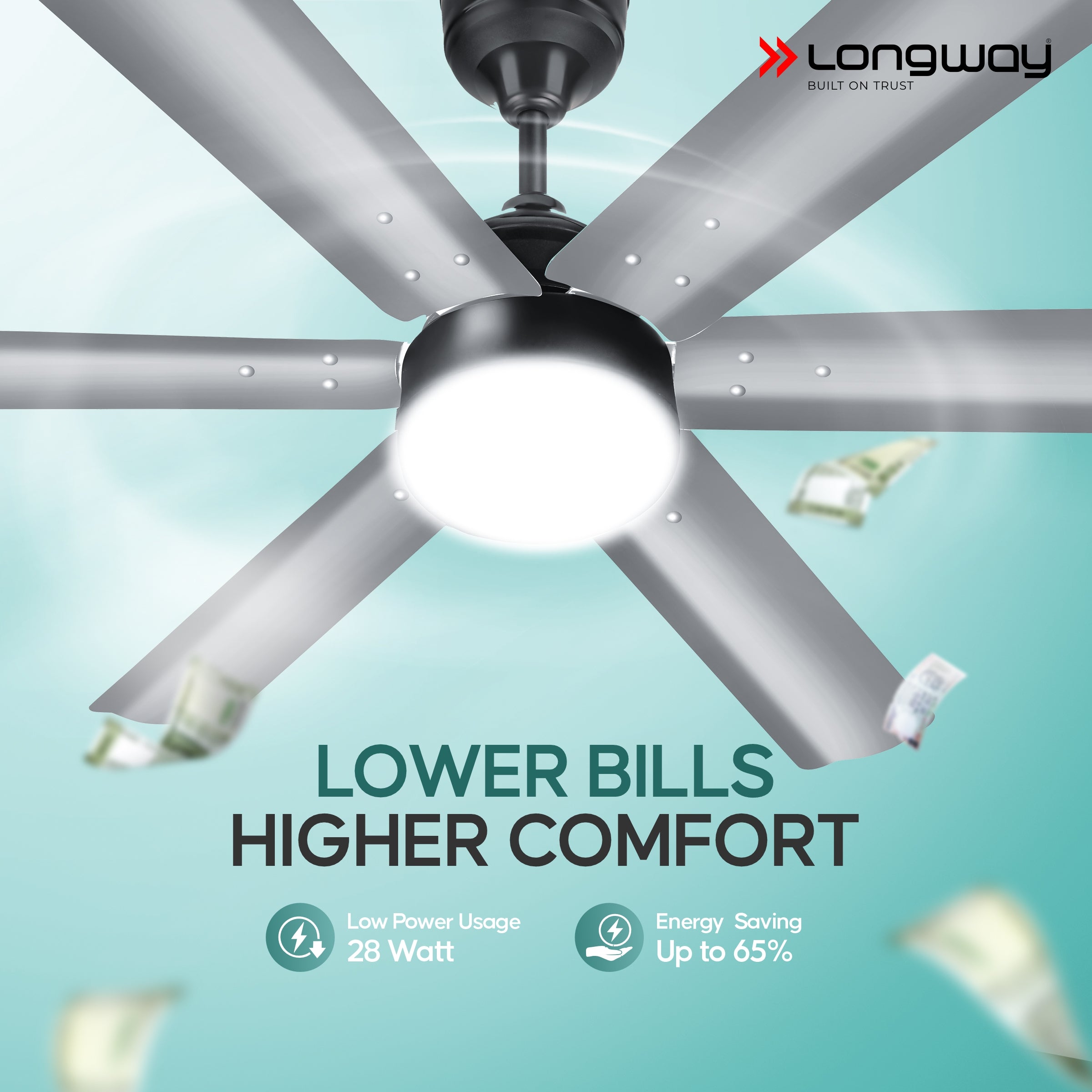 Longway Luminair 1200 mm BLDC Ceiling Fan with Remote Control & LED Light | BEE 5 Star Rated Energy Efficient | Ultra High Speed 6 Blade Anti-Dust Decorative Ceiling Fan | 5 Years Warranty (Steel Gray, Pack of 1)