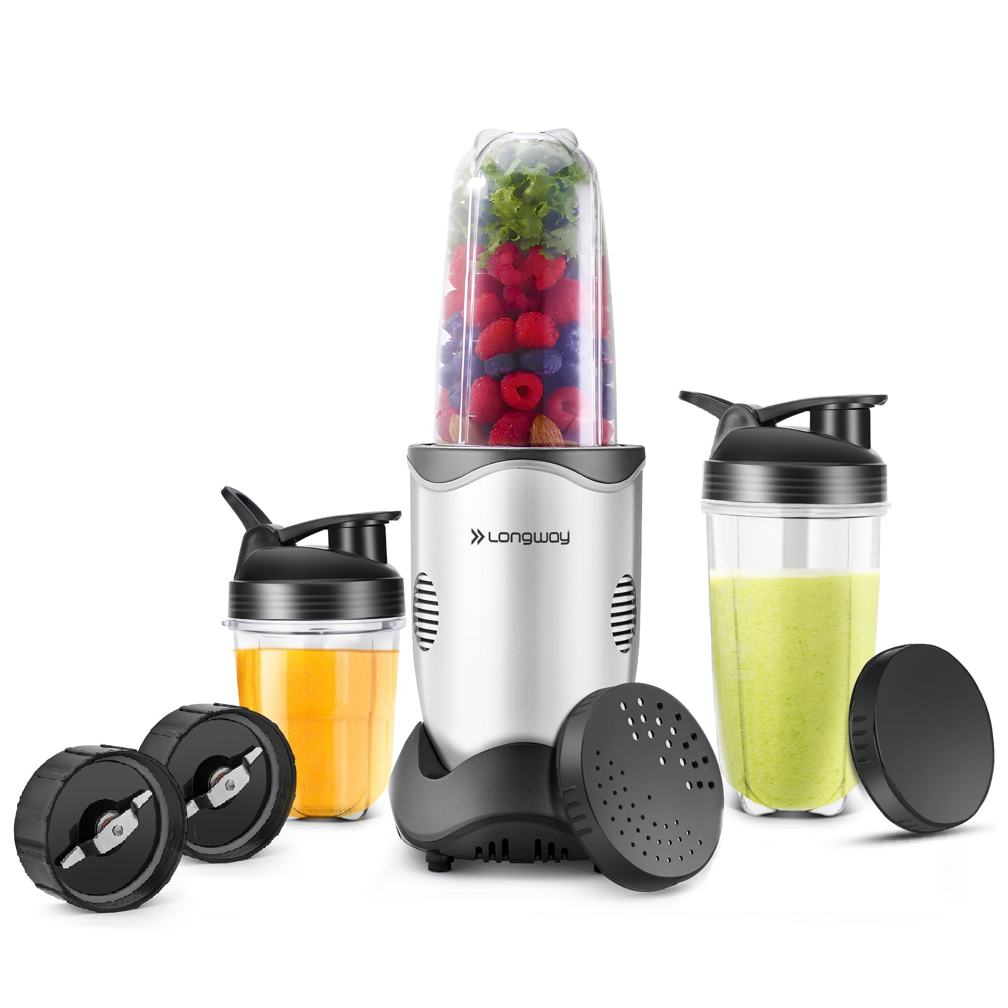 Longway Nutri Power 600 W Bullet Mixer Grinder & Smoothie Maker with Stainless Steel Blades & ABS Plastic Body | 22000 RPM | 3 Years Warranty (3 Jars, Silver)