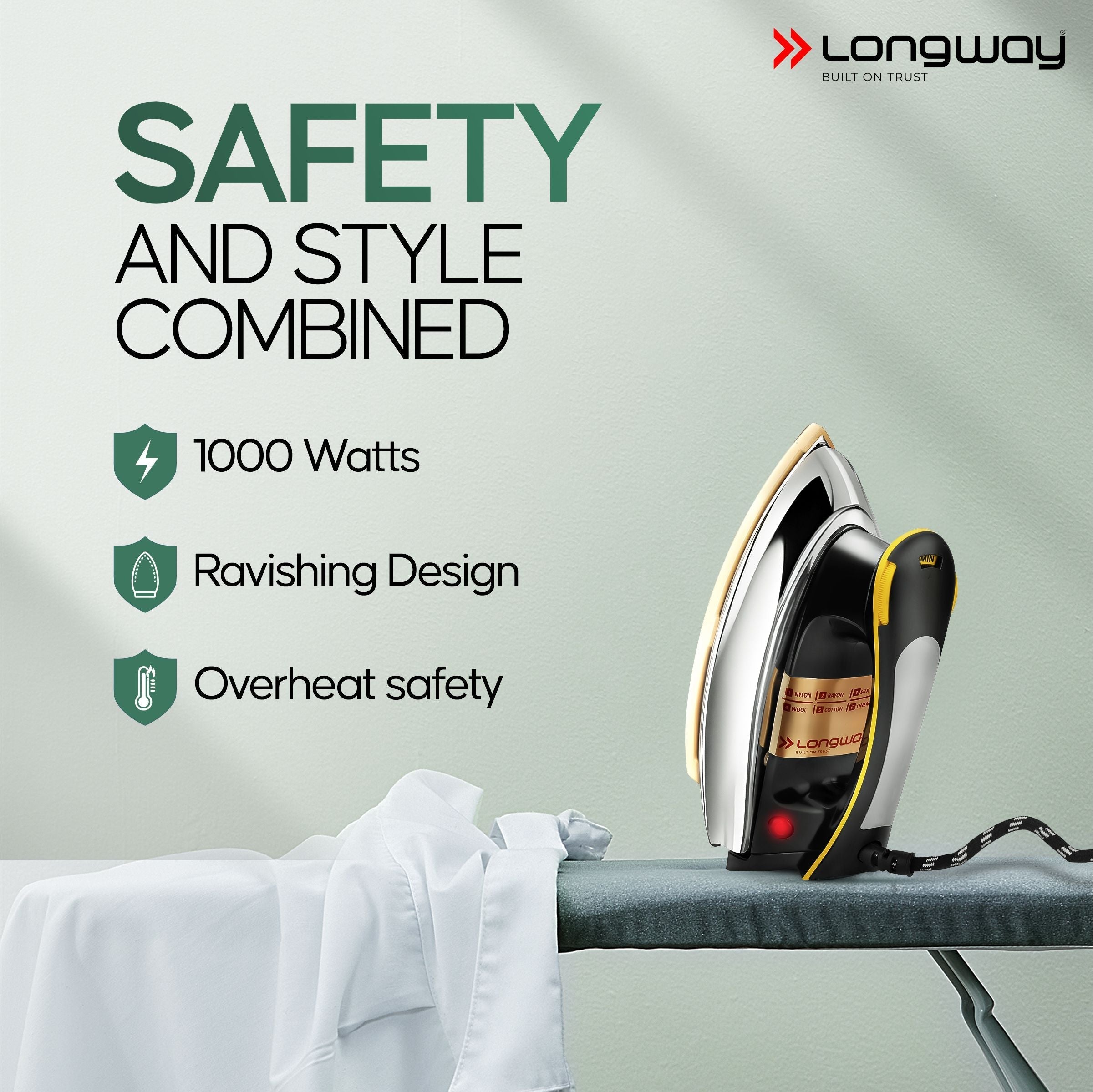 Longway Plancha Heavy Weight Non-Stick Teflon Coated Dry Iron, Electric Iron for Clothes | 1 Year Warranty | (1000 Watt, Black)