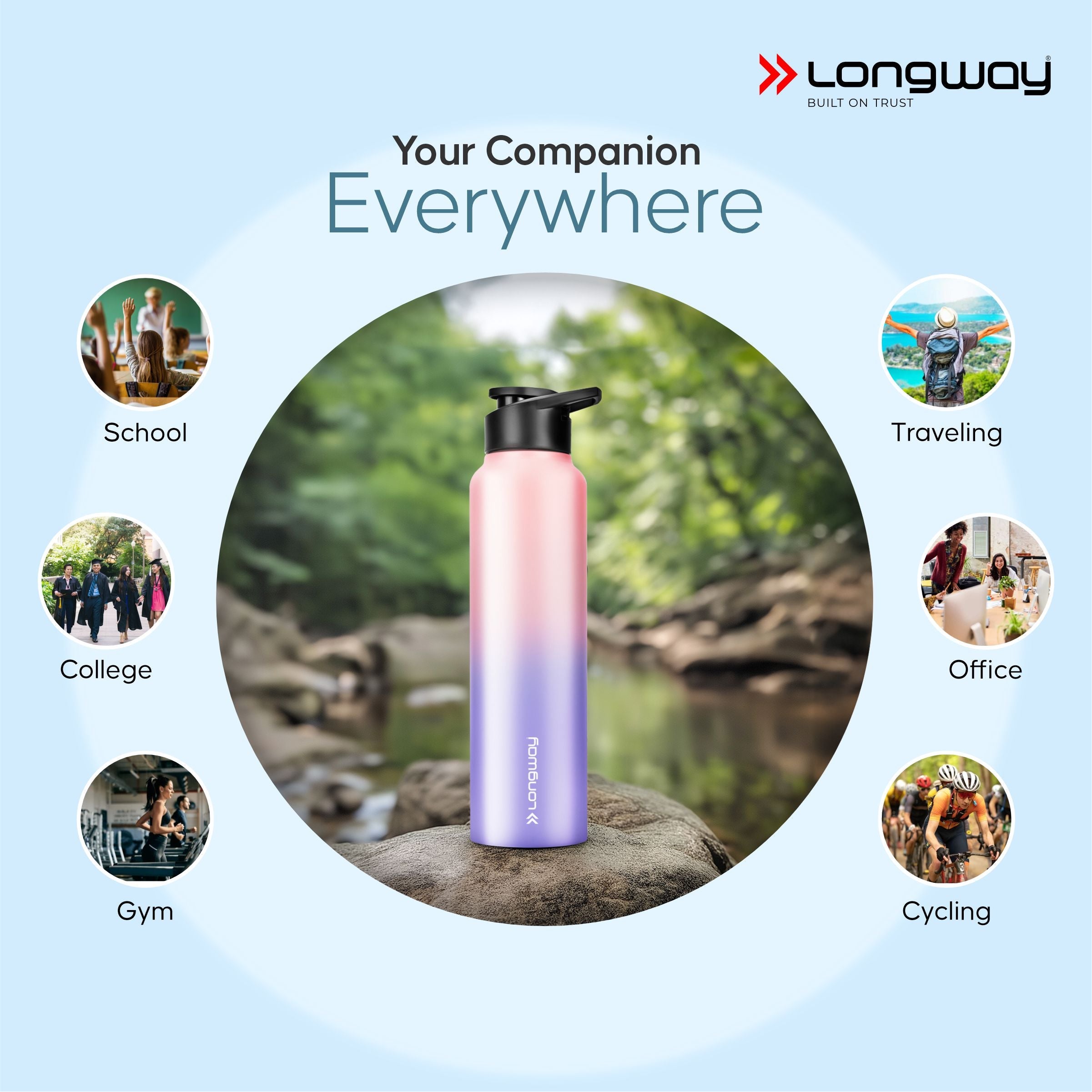 Longway Rush 1 Ltr Stainless Steel Water Bottle | Leak-Proof & Rust-Free Design | Perfect for School, Office, Home, Gym, Travel & Ideal for Men, Women & Kids (1000 ml, Aqua-Rose)