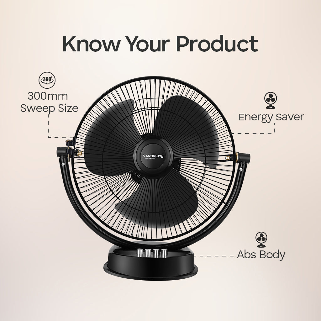 Longway Speedy P1 300 mm/12 Inch Ultra High Speed 3 Blade Anti-Dust Decorative Star Rated Table Fan (Black, Pack of 1)