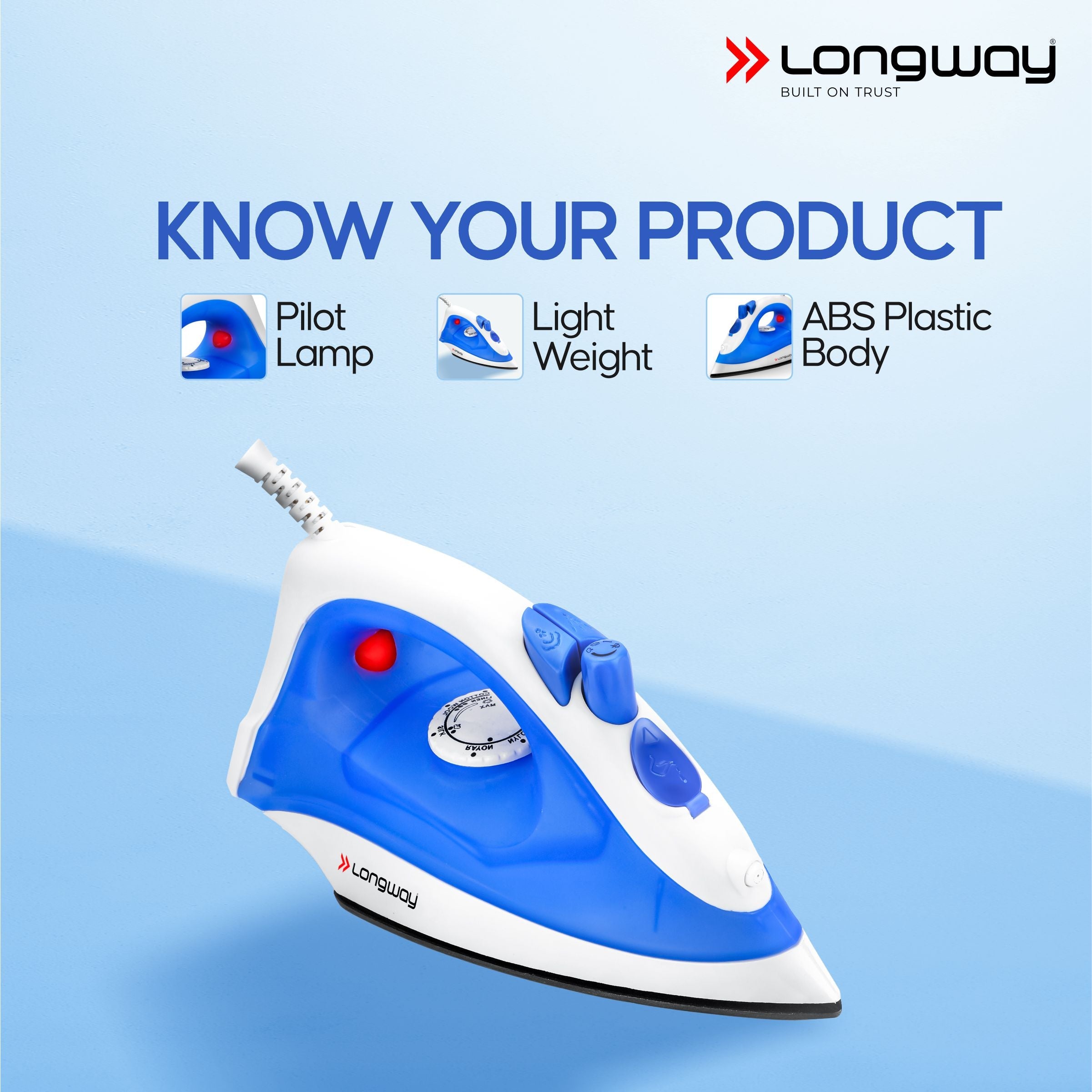 Longway Steamy Light Weight Non Stick Steam Iron, Powerful Steam Output Up to 18 G/Min (1400 Watt, Blue)