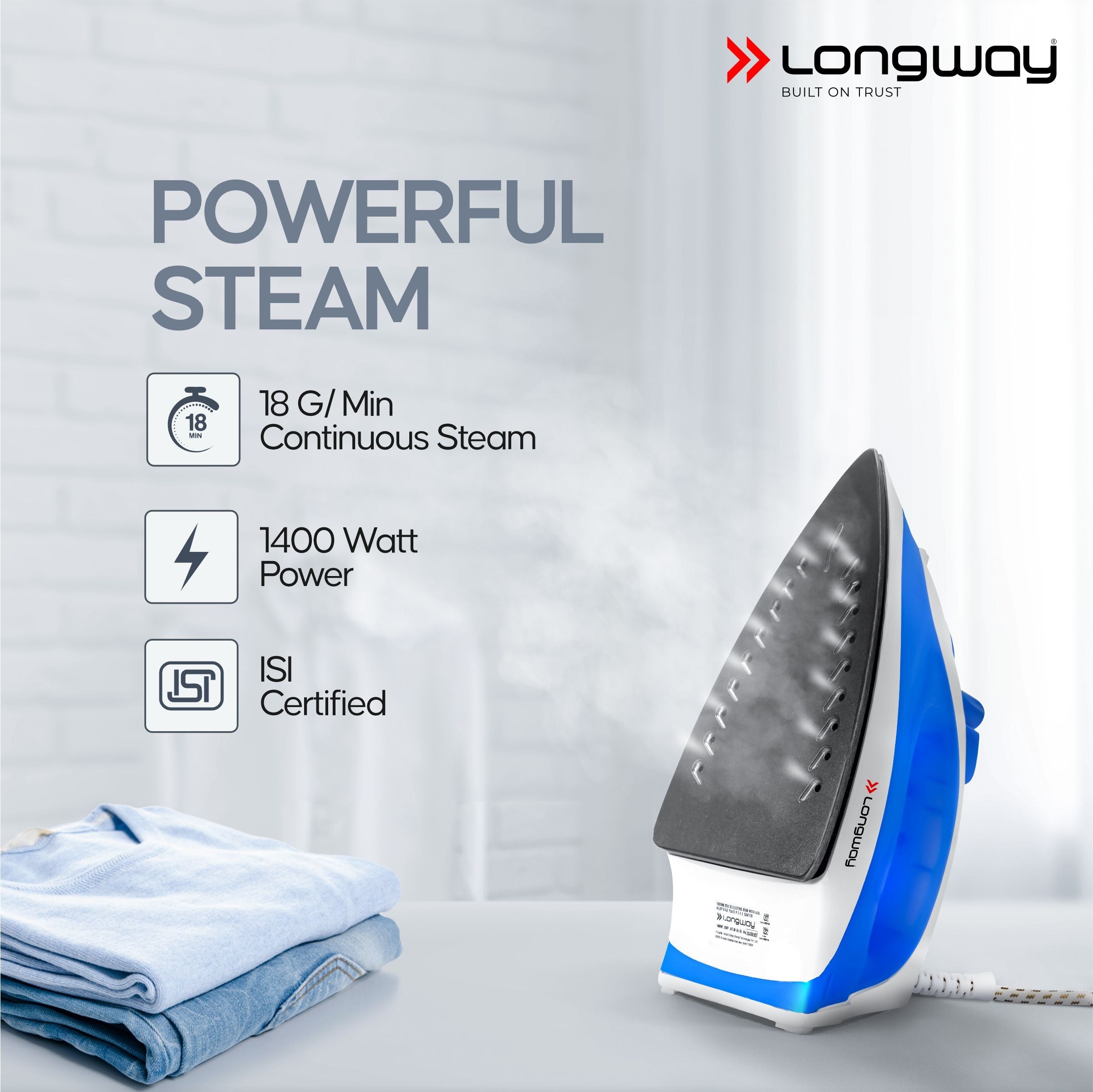 Longway Steamy Light Weight Non Stick Steam Iron, Powerful Steam Output Up to 18 G/Min (1400 Watt, Blue)
