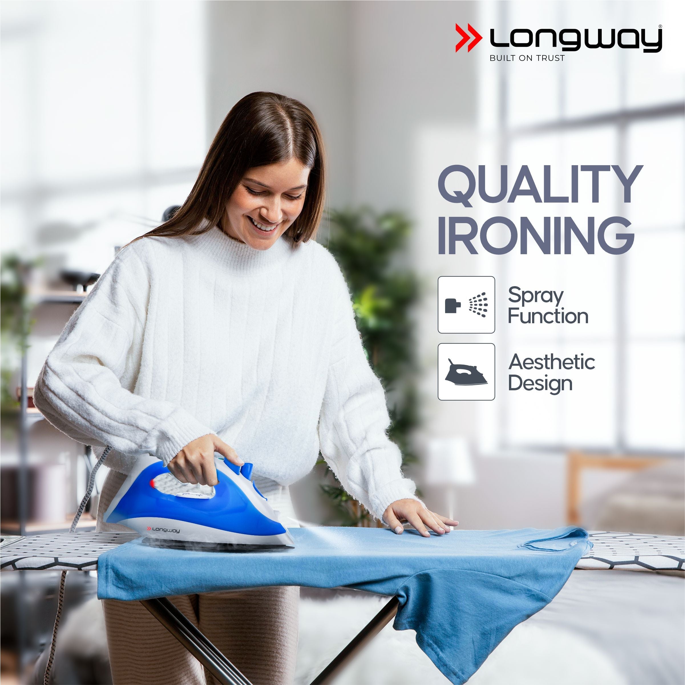 Longway Steamy Light Weight Non Stick Steam Iron, Powerful Steam Output Up to 18 G/Min (1400 Watt, Blue)