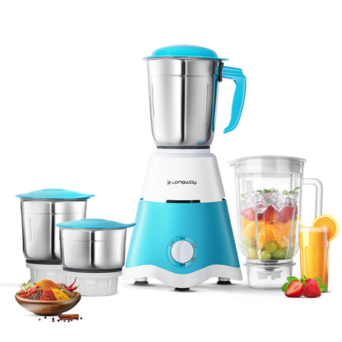 Longway Super Dlx 750 Watt Juicer Mixer Grinder with 4 Jars for Grinding, Mixing, Juicing with Powerful Motor | 1 Year Warranty | (Blue & White, 4 Jars)