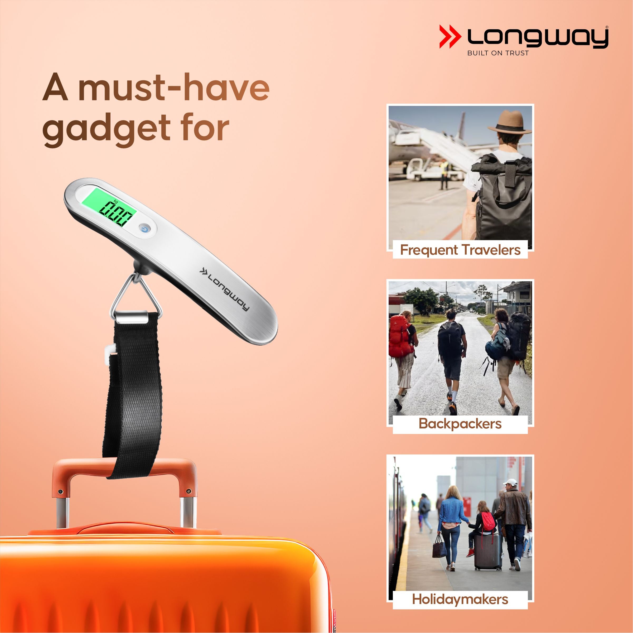 Longway Traveltare Digital Portable Luggage Weighing Scale | Up to 50 Kg Capacity | LCD Display for Accurate Measurements | Lifetime Replacement | Weighing Scale for Home, Travel, Flights & Bags (Silver, 50 kg)