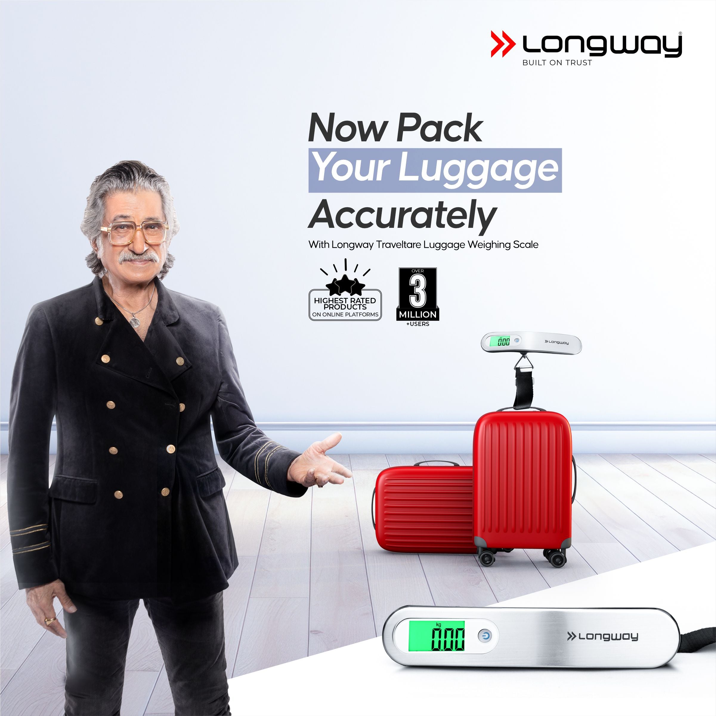 Longway Traveltare Digital Portable Luggage Weighing Scale | Up to 50 Kg Capacity | LCD Display for Accurate Measurements | Lifetime Replacement | Weighing Scale for Home, Travel, Flights & Bags (Silver, 50 kg)