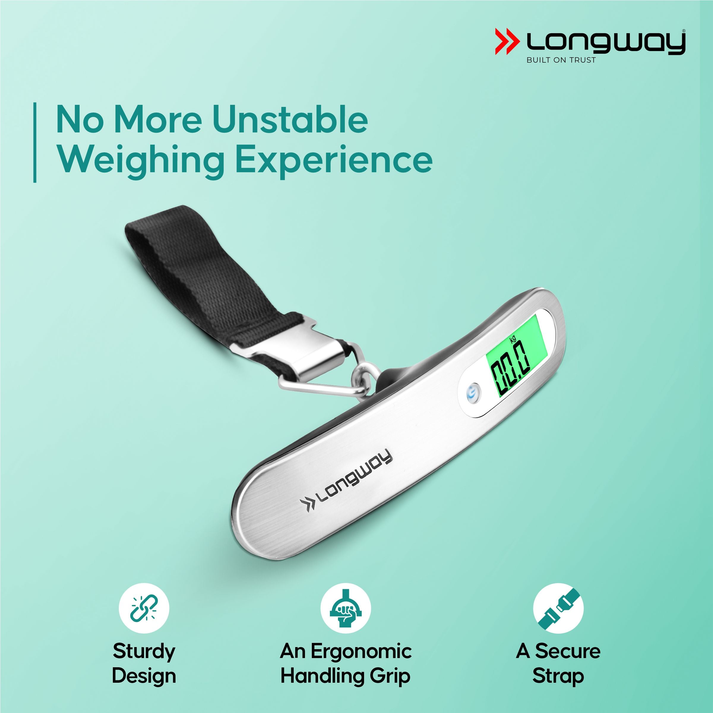 Longway Traveltare Digital Portable Luggage Weighing Scale | Up to 50 Kg Capacity | LCD Display for Accurate Measurements | Lifetime Replacement | Weighing Scale for Home, Travel, Flights & Bags (Silver, 50 kg)