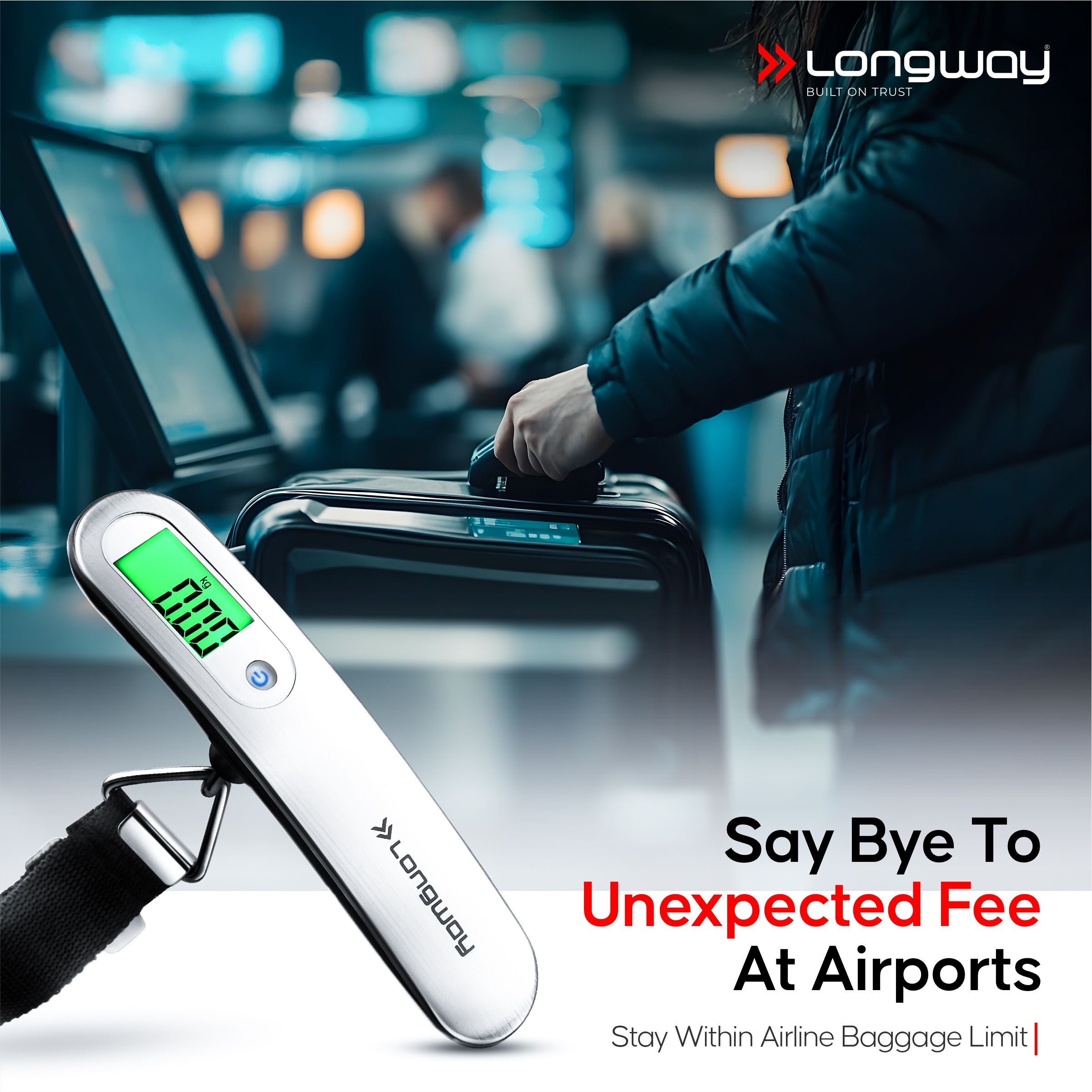 Longway Traveltare Digital Portable Luggage Weighing Scale | Up to 50 Kg Capacity | LCD Display for Accurate Measurements | Lifetime Replacement | Weighing Scale for Home, Travel, Flights & Bags (Silver, 50 kg)