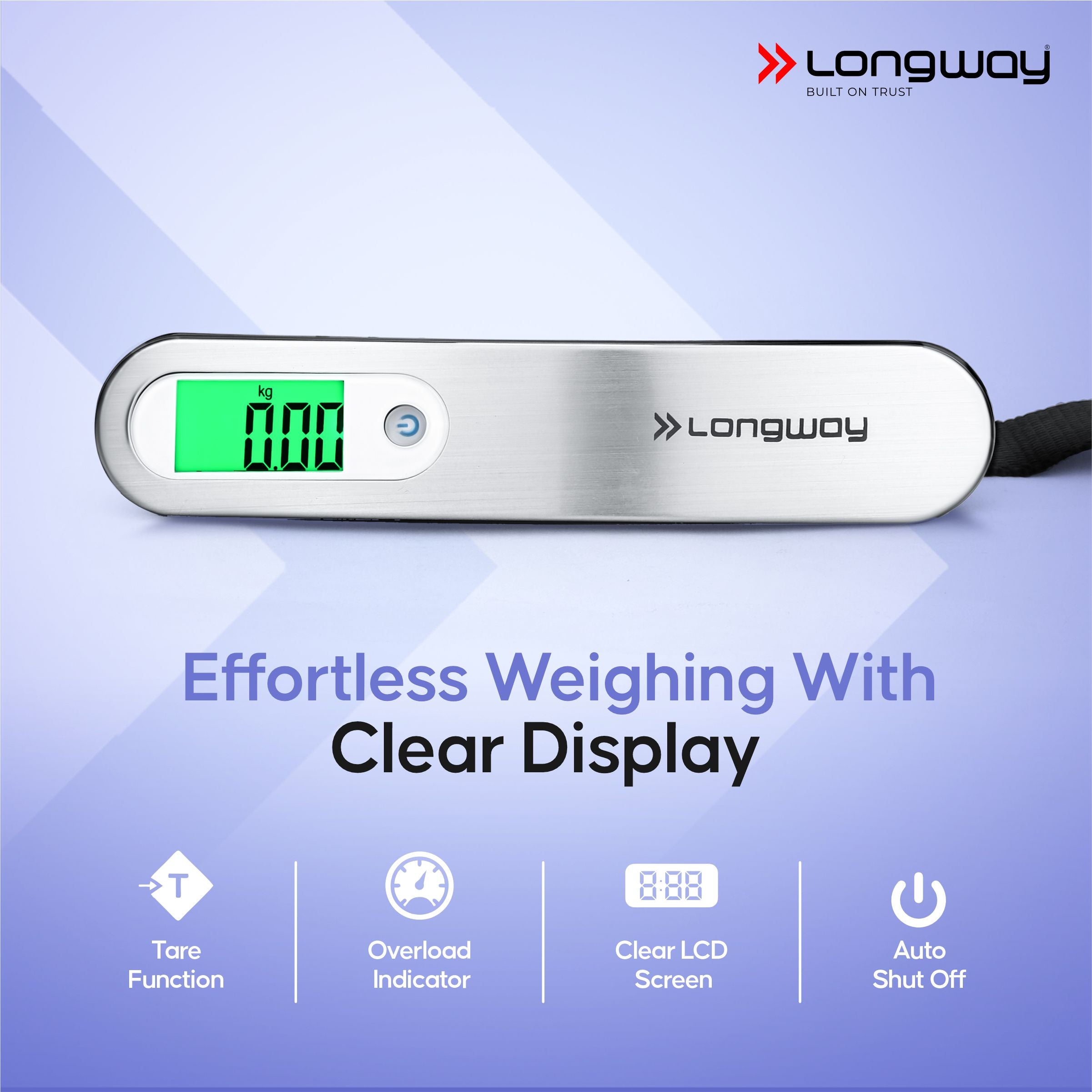Longway Traveltare Digital Portable Luggage Weighing Scale | Up to 50 Kg Capacity | LCD Display for Accurate Measurements | Lifetime Replacement | Weighing Scale for Home, Travel, Flights & Bags (Silver, 50 kg)