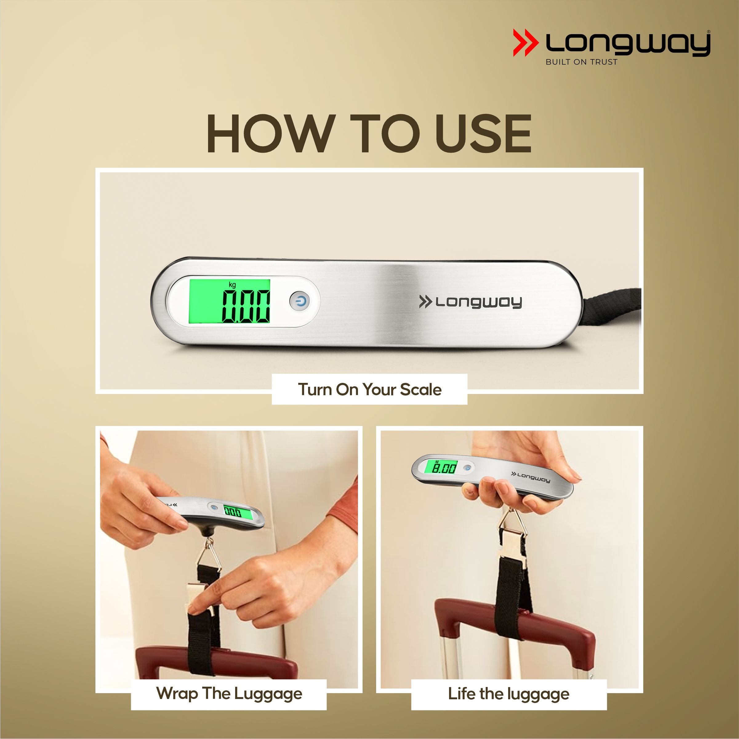 Longway Traveltare Digital Portable Luggage Weighing Scale | Up to 50 Kg Capacity | LCD Display for Accurate Measurements | Lifetime Replacement | Weighing Scale for Home, Travel, Flights & Bags (Silver, 50 kg)