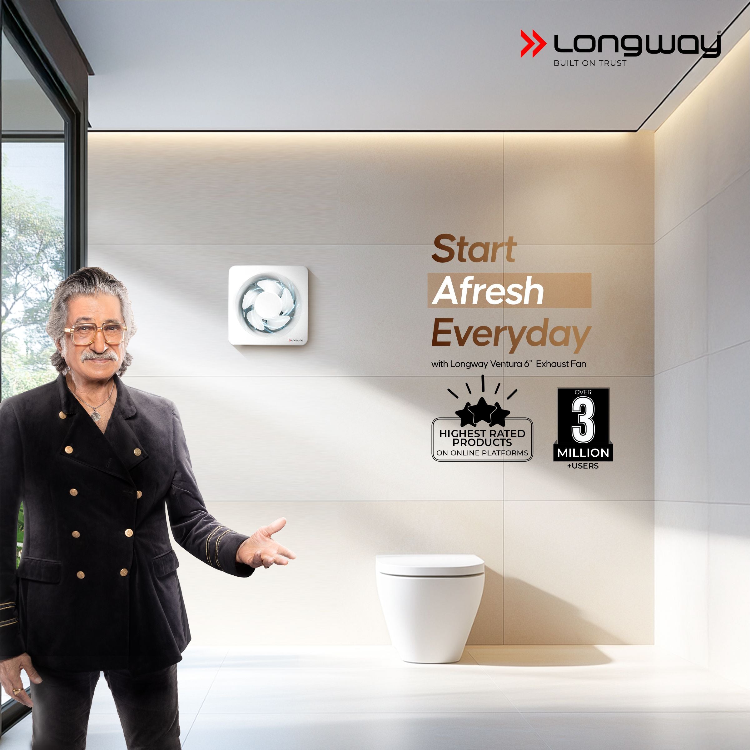 Longway Ventura 6 Inch 150 mm Energy Efficient Exhaust Fan | High Speed Powerful Motor | Noiseless Operation & Easy to Clean | Rust Proof with Anti Dust Shutters |Suitable for Bathroom, Kitchen, Office | 2 Years Warranty (White)