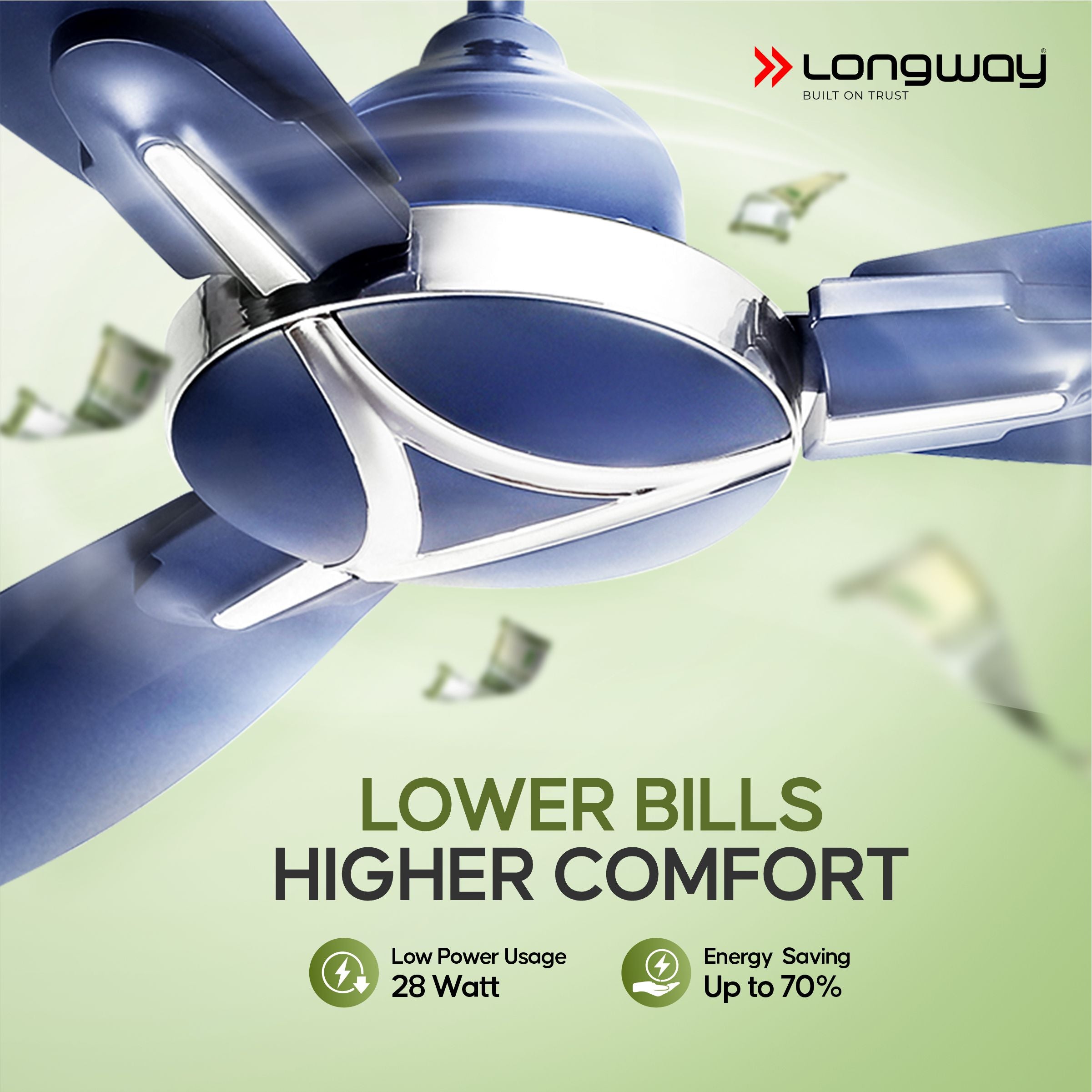 Longway Zephyr 1200 mm BLDC Ceiling Fan with Remote Control | BEE 5 Star Rated Energy Efficient | Ultra High Speed 3 Blade Anti-Dust Decorative Ceiling Fan | 3 Year Warranty (Silver Blue, Pack of 1)
