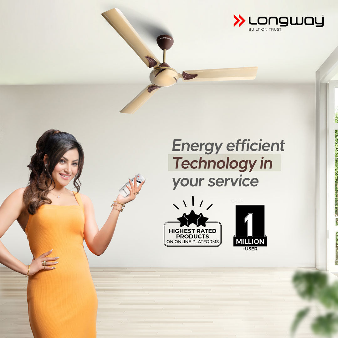 Longway Creta P1 1200 mm/48 inch Remote Controlled 3 Blade Anti-Dust Decorative Star Rated Ceiling Fan (Golden, Pack of 1)