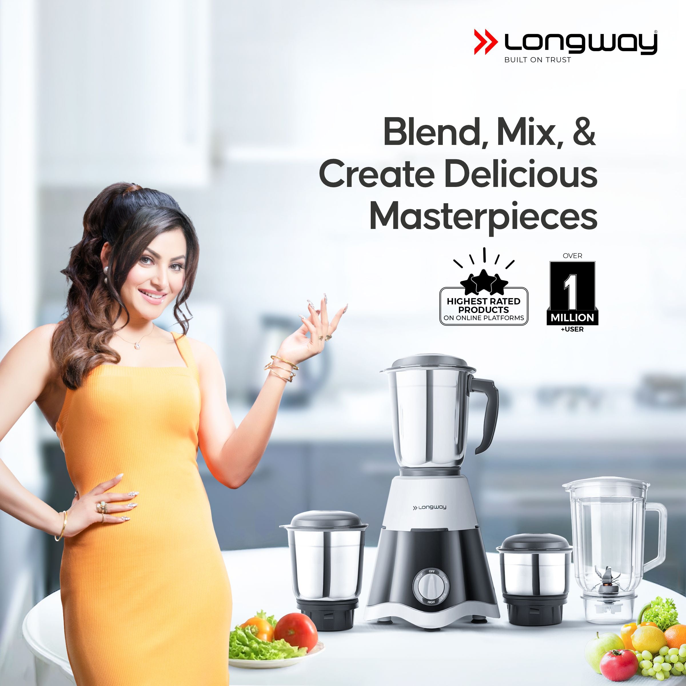 Longway Super Dlx 750 Watt Juicer Mixer Grinder with 4 Jars for Grinding, Mixing, Juicing with Powerful Motor | 1 Year Warranty | (Black & Gray, 4 Jars)