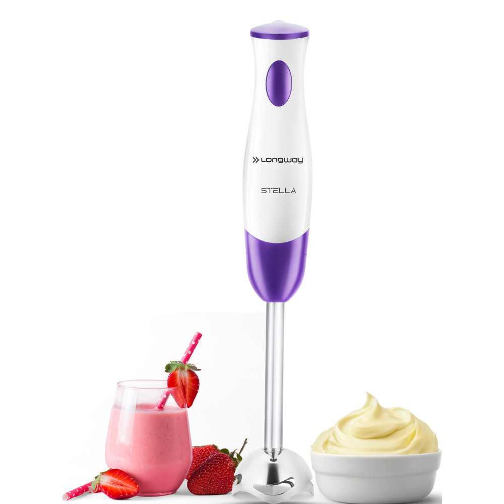 Longway Stella Hand Blender with Stainless Steel Blades | Detachable Anti Splash Stainless Steel Foot | Perfect for Smooth Blends (300 W, Purple)