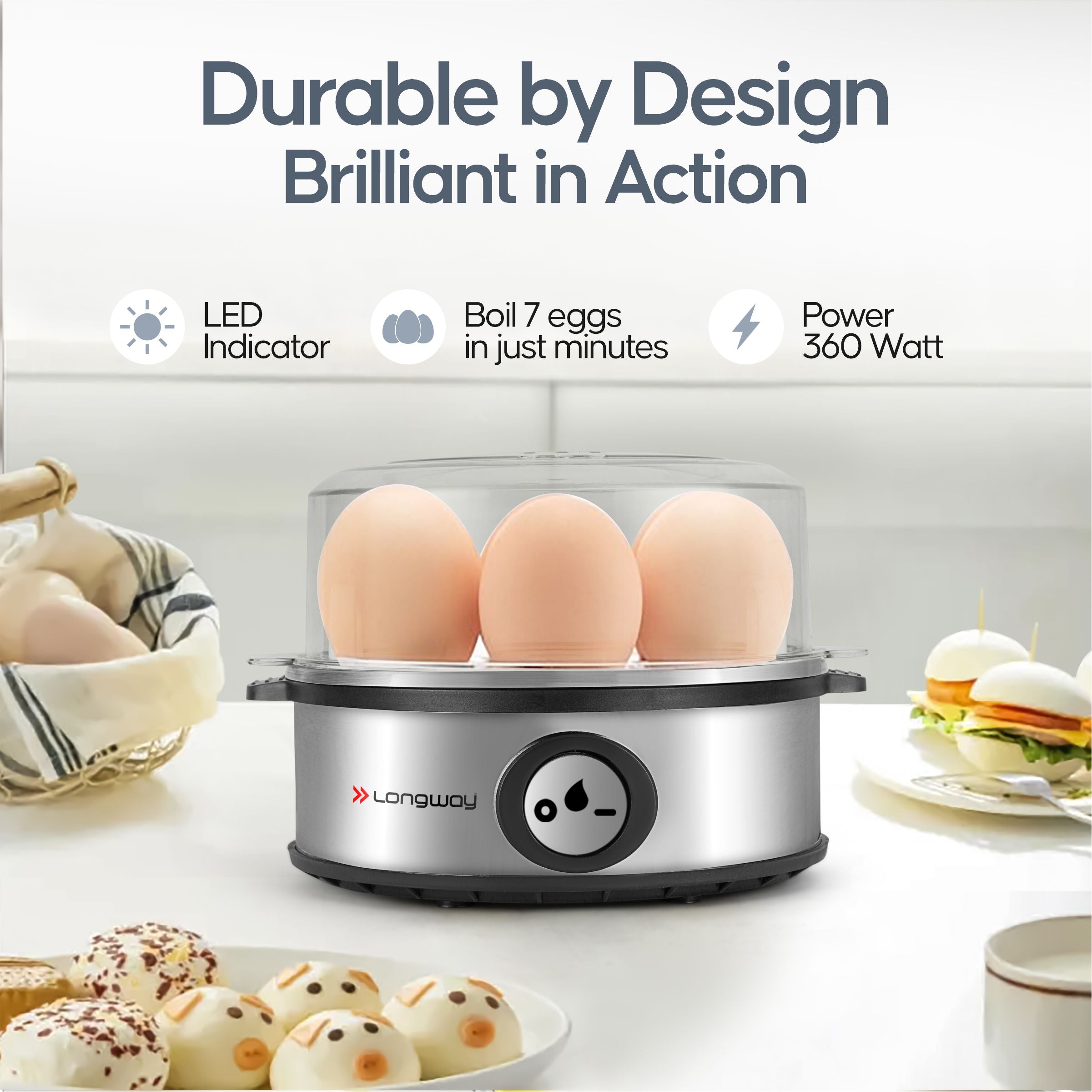 Longway Champ 360 Watt Stainless Steel Egg Boiler/Cooker for Steaming, (Silver, 7 Eggs)