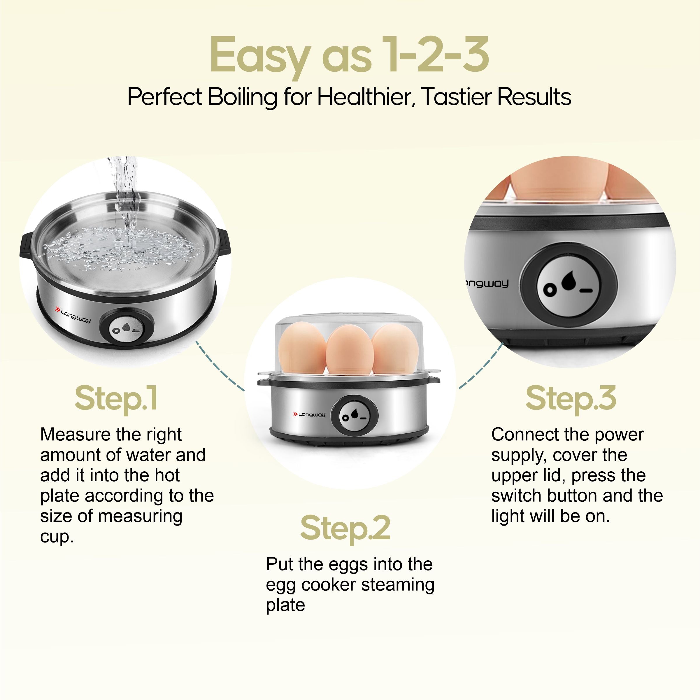 Longway Champ 360 Watt Stainless Steel Egg Boiler/Cooker for Steaming, (Silver, 7 Eggs)