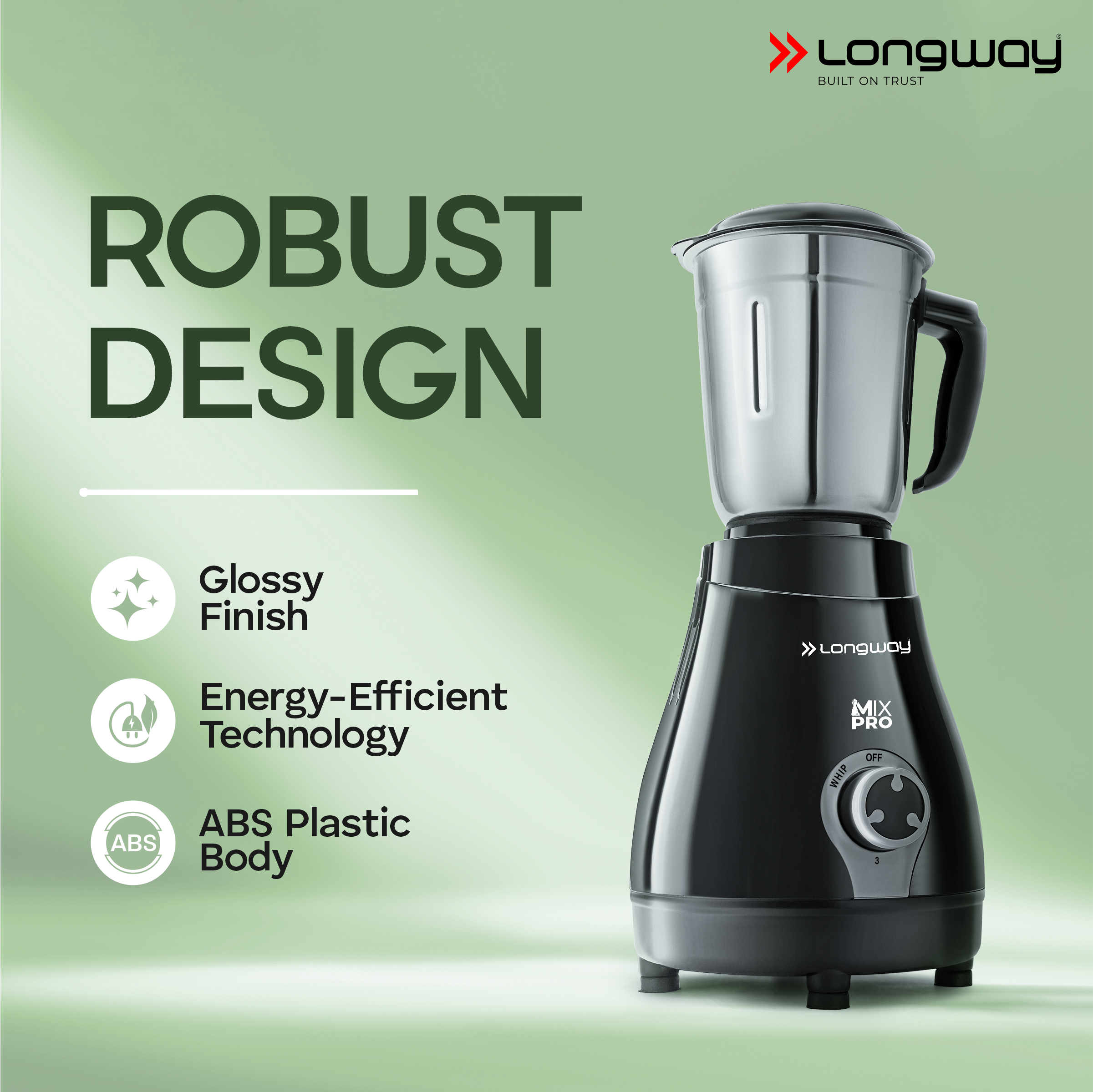 Longway Mix Pro 550 Watt Mixer Grinder with 4 Jars for Grinding, Mixing, Blending, Juicing with Powerful Motor | 2 Year Warranty | (Black, 4 Jars)