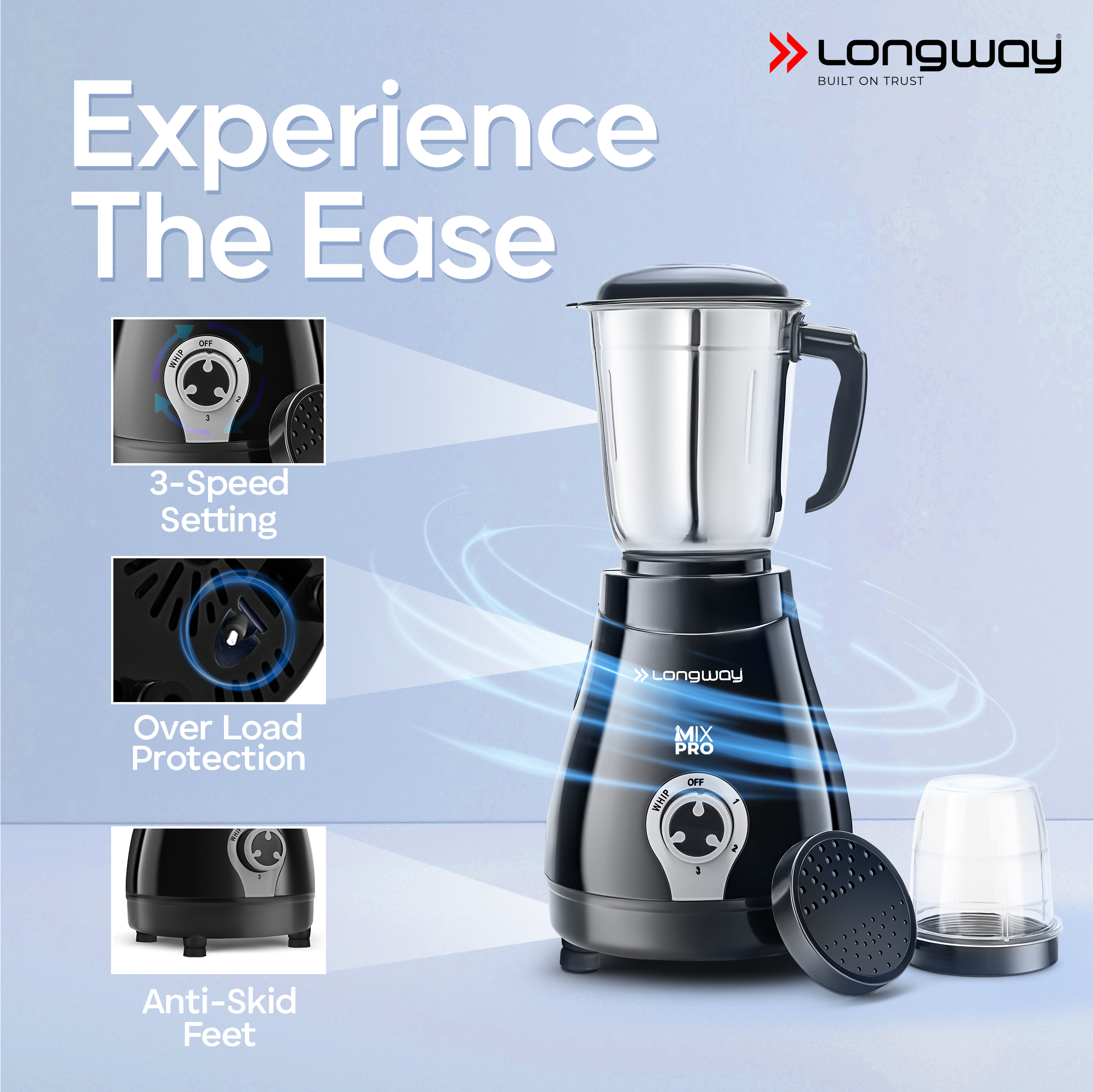 Longway Mix Pro 550 Watt Mixer Grinder with 4 Jars for Grinding, Mixing, Blending, Juicing with Powerful Motor | 2 Year Warranty | (Black, 4 Jars)