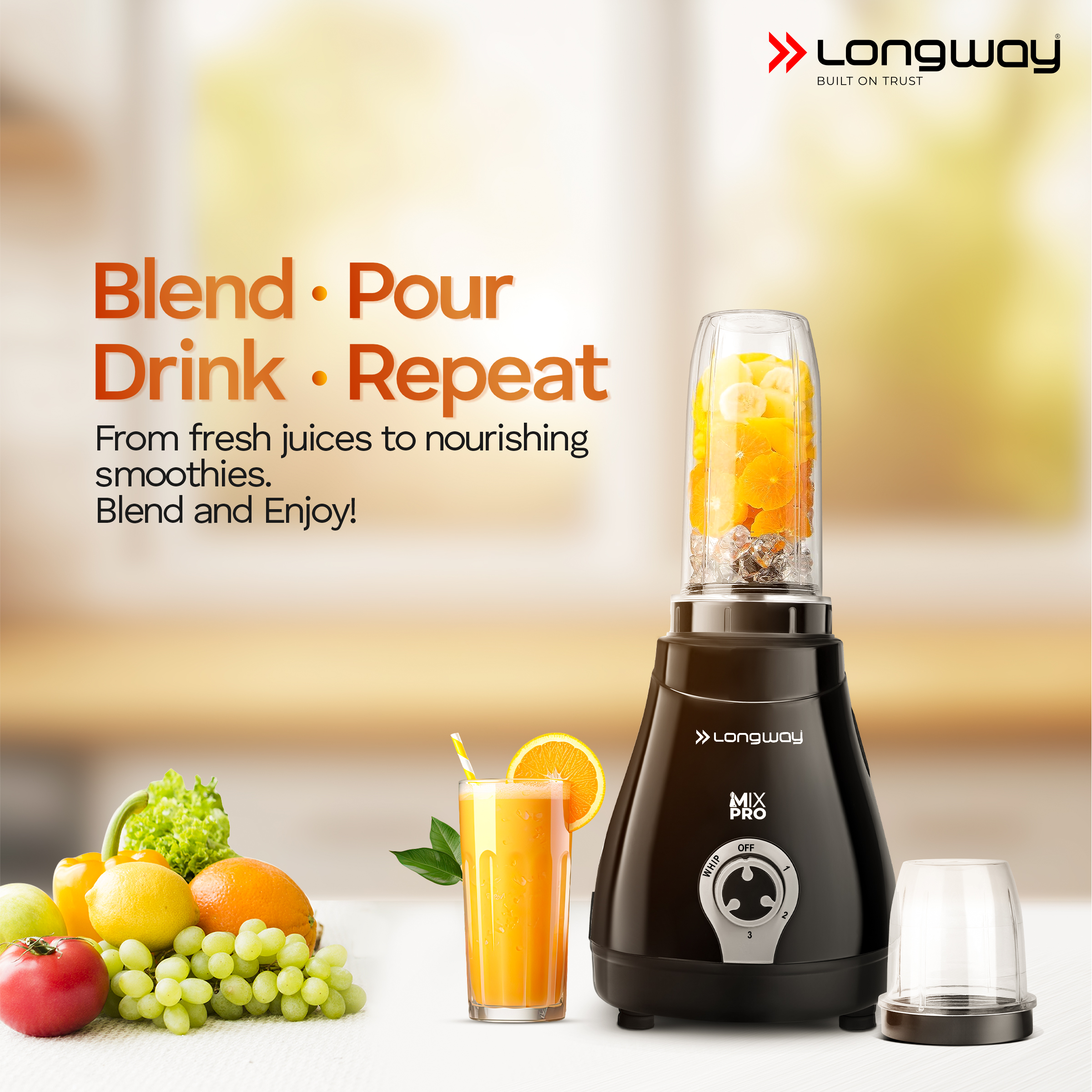 Longway Mix Pro 550 Watt Mixer Grinder with 4 Jars for Grinding, Mixing, Blending, Juicing with Powerful Motor | 2 Year Warranty | (Black, 4 Jars)