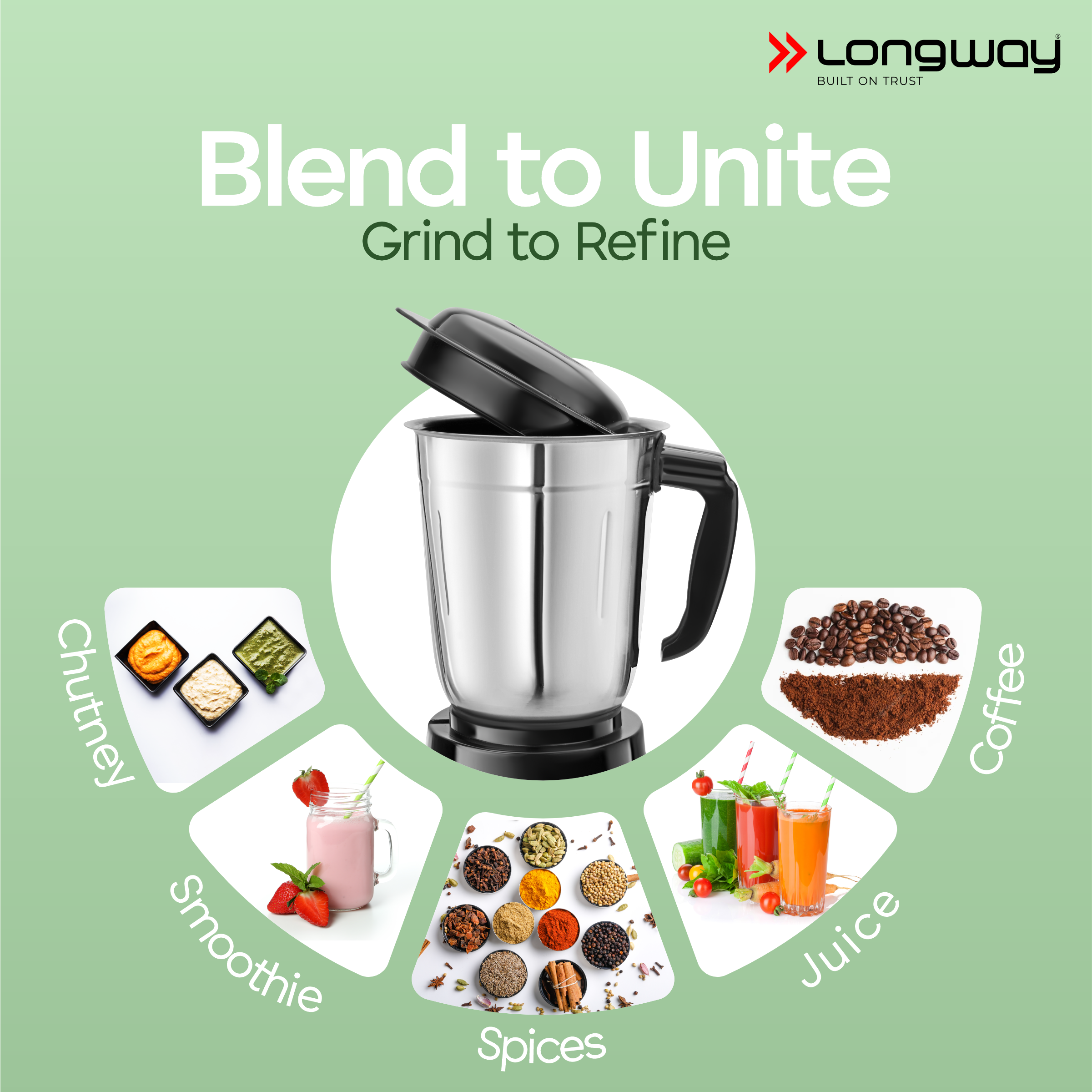 Longway Mix Pro 550 Watt Mixer Grinder with 4 Jars for Grinding, Mixing, Blending, Juicing with Powerful Motor | 2 Year Warranty | (Black, 4 Jars)