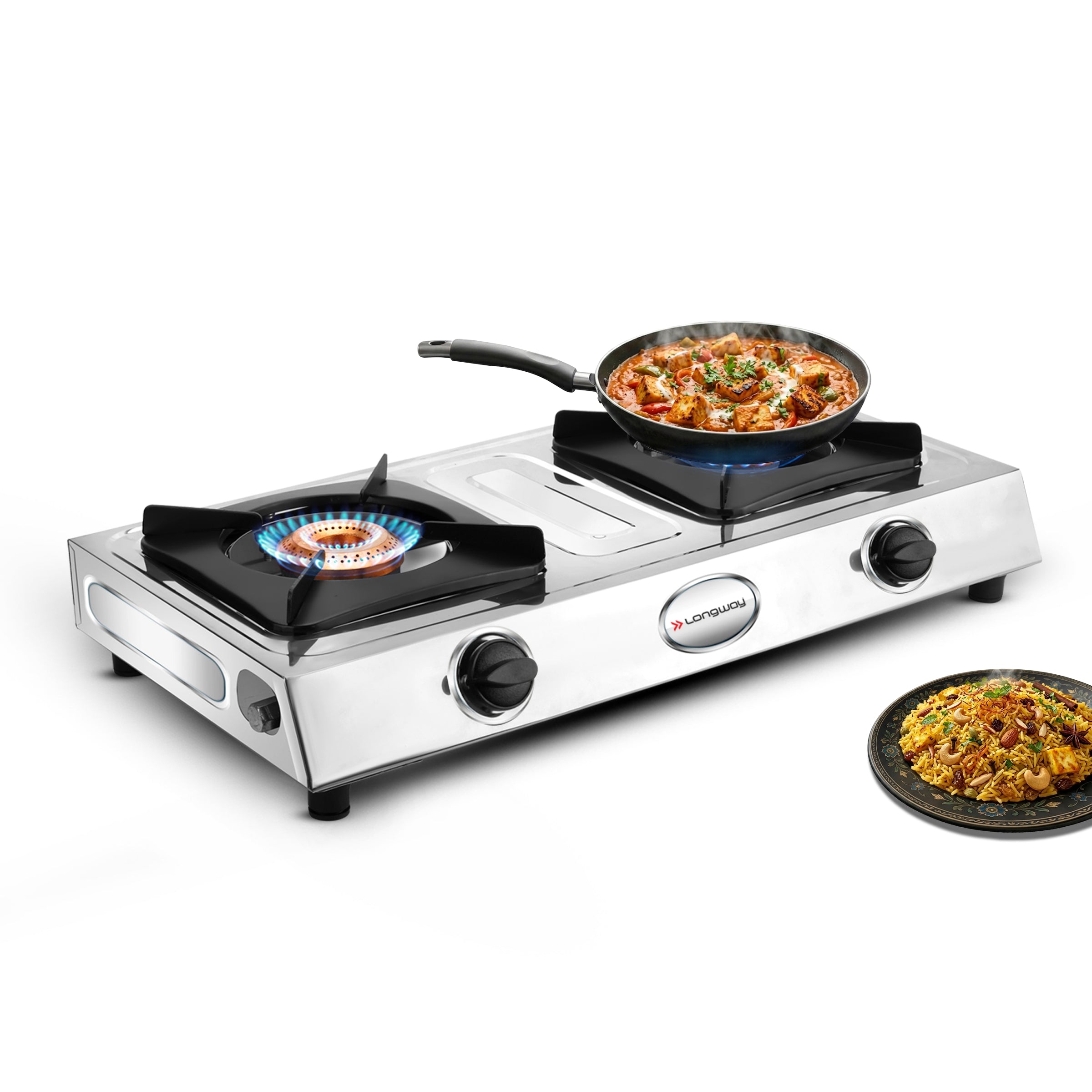 Longway Stellar Stainless Steel Top, 2 Burner Manual Ignition Stainless Steel Gas Stove (Silver, ISI Certified, 2 Year Warranty)