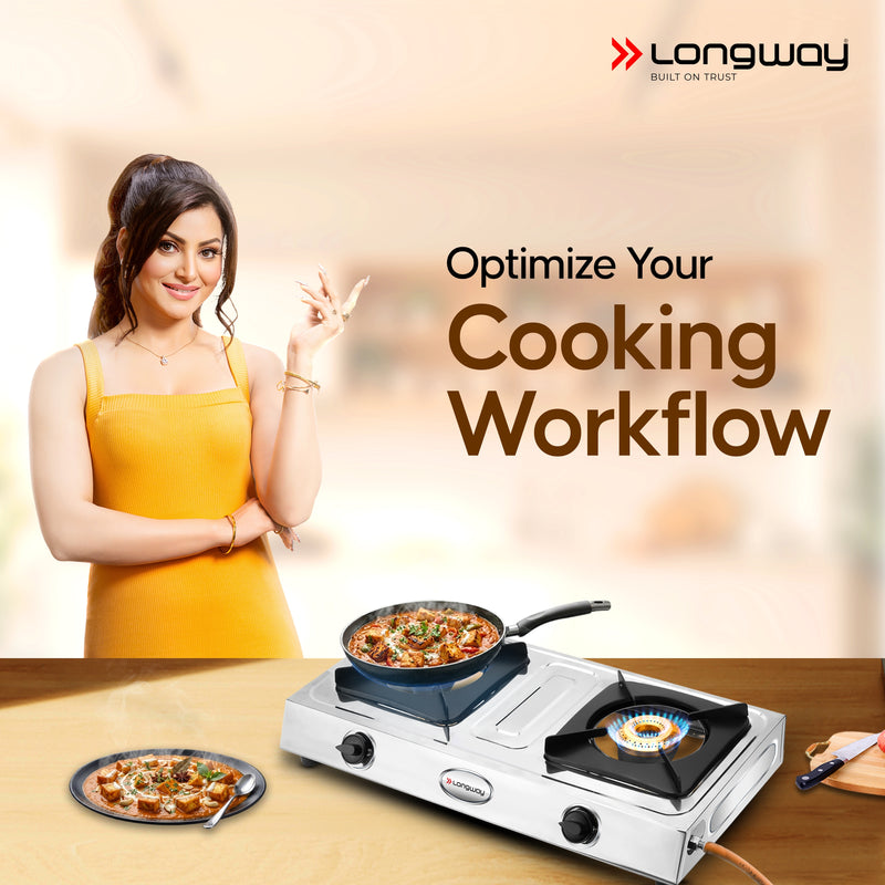 Longway Stellar Stainless Steel Top, 2 Burner Manual Ignition Stainless Steel Gas Stove (Silver, ISI Certified, 2 Year Warranty)